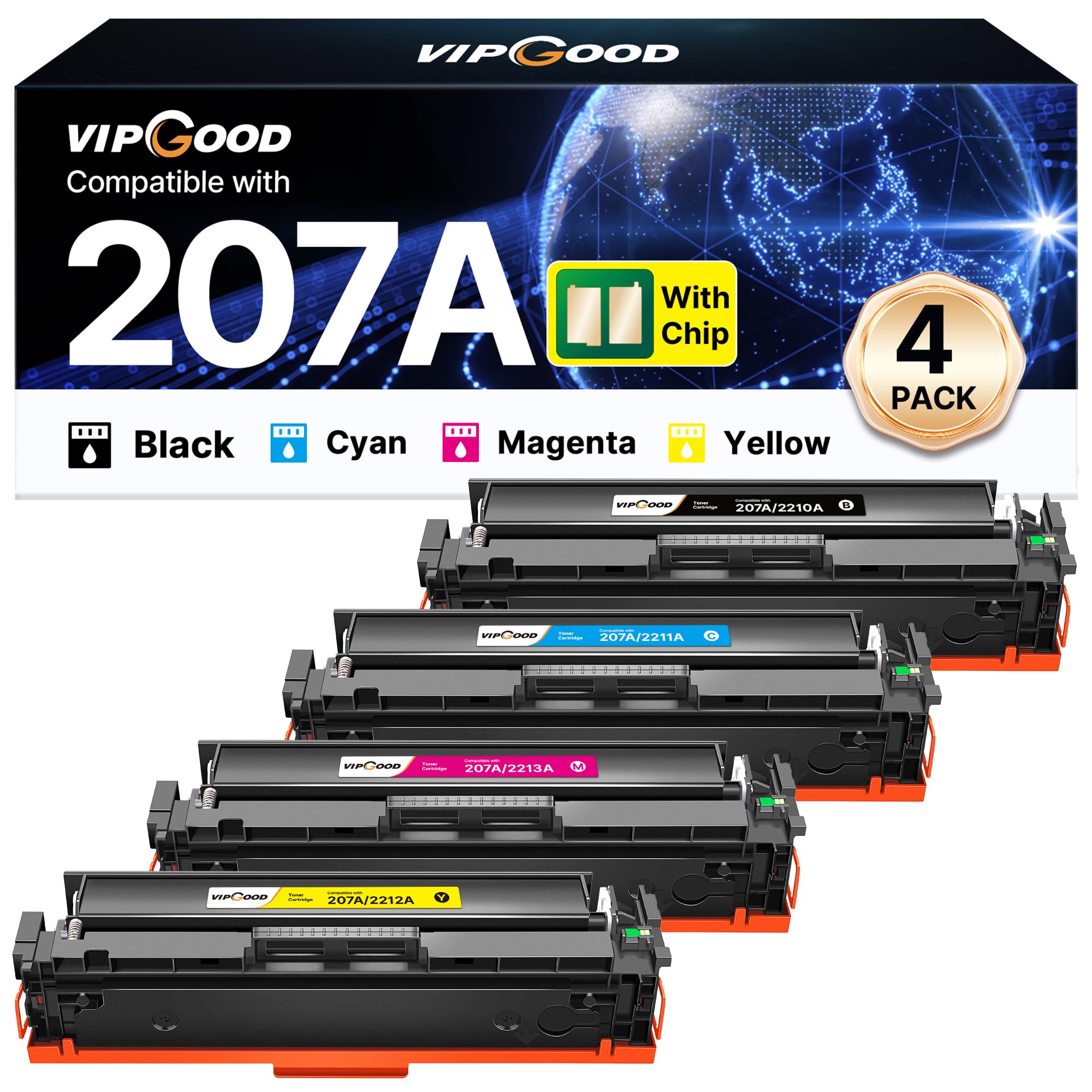 VIPGOOD 207A Con Chip Cartucce toner Compatibile per HP 207A 207X toner per HP Color LaserJet Pro MFP M283fdw M255dw M282nw M283cdw M255dw M283fdn M255nw W2210A (Nero Ciano Giallo Magenta, 4-Pack)