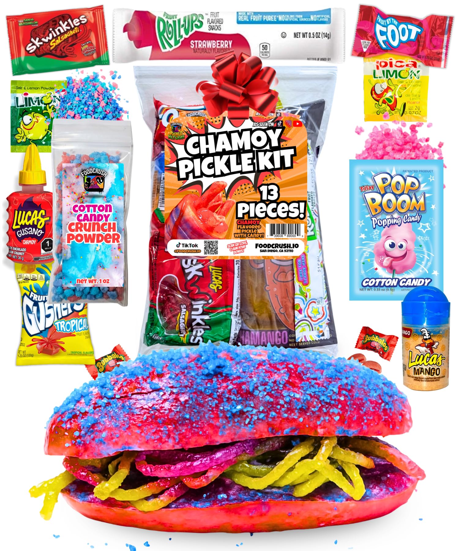 Chamoy Pickle Kit from Tiktok (13 Pcs) + Cotton Candy Crunch Powder, Pop Rocks Christmas Gifts For Kids, teen girls, boys, Birthday gift set