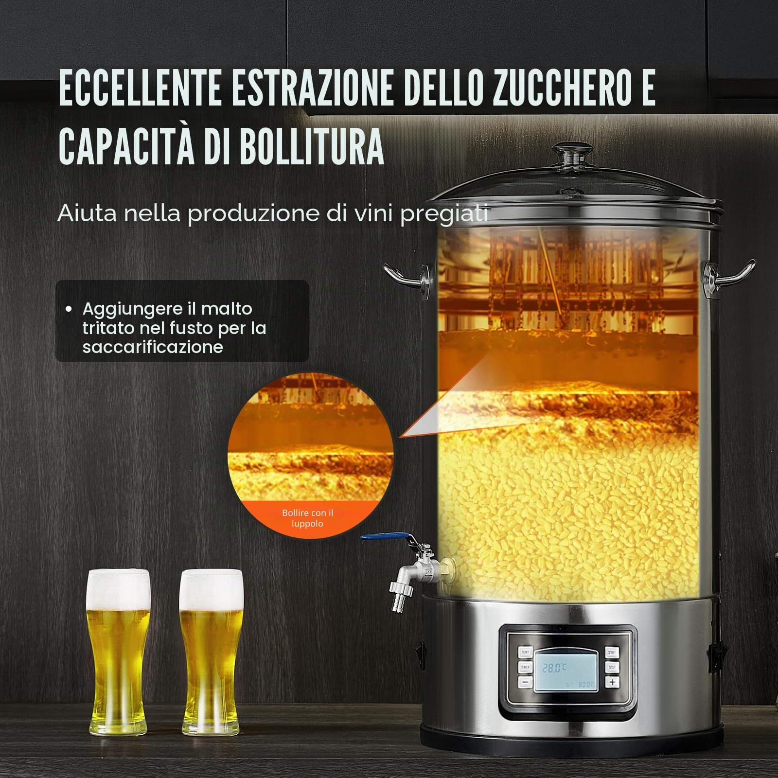VEVOR Bollitore per Birra, Macchina Domestica per Birra, Distillatore di Birra, Acciaio Inossidabile 304 Pannello, Include Coperchio in Vetro, Maniglia, Rubinetto, Controllo Elettronico, 35 Litri