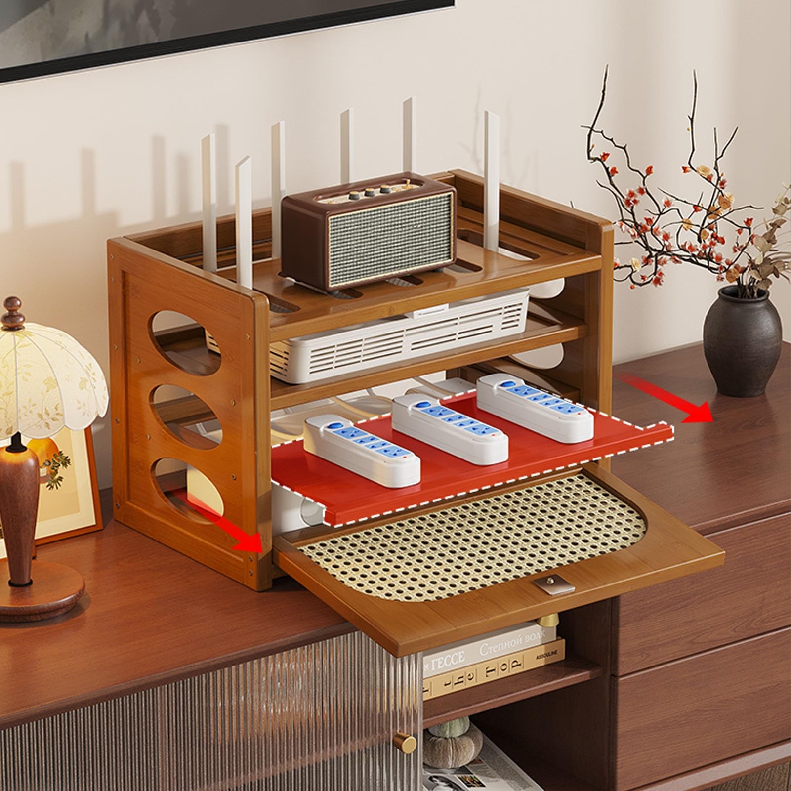 Scatola portaoggetti per router WiFi, organizer per gestione dei cavi, ripiani multistrato per router, striscia di alimentazione e organizer per cavi, struttura in bambù resistente (102,9 cm)