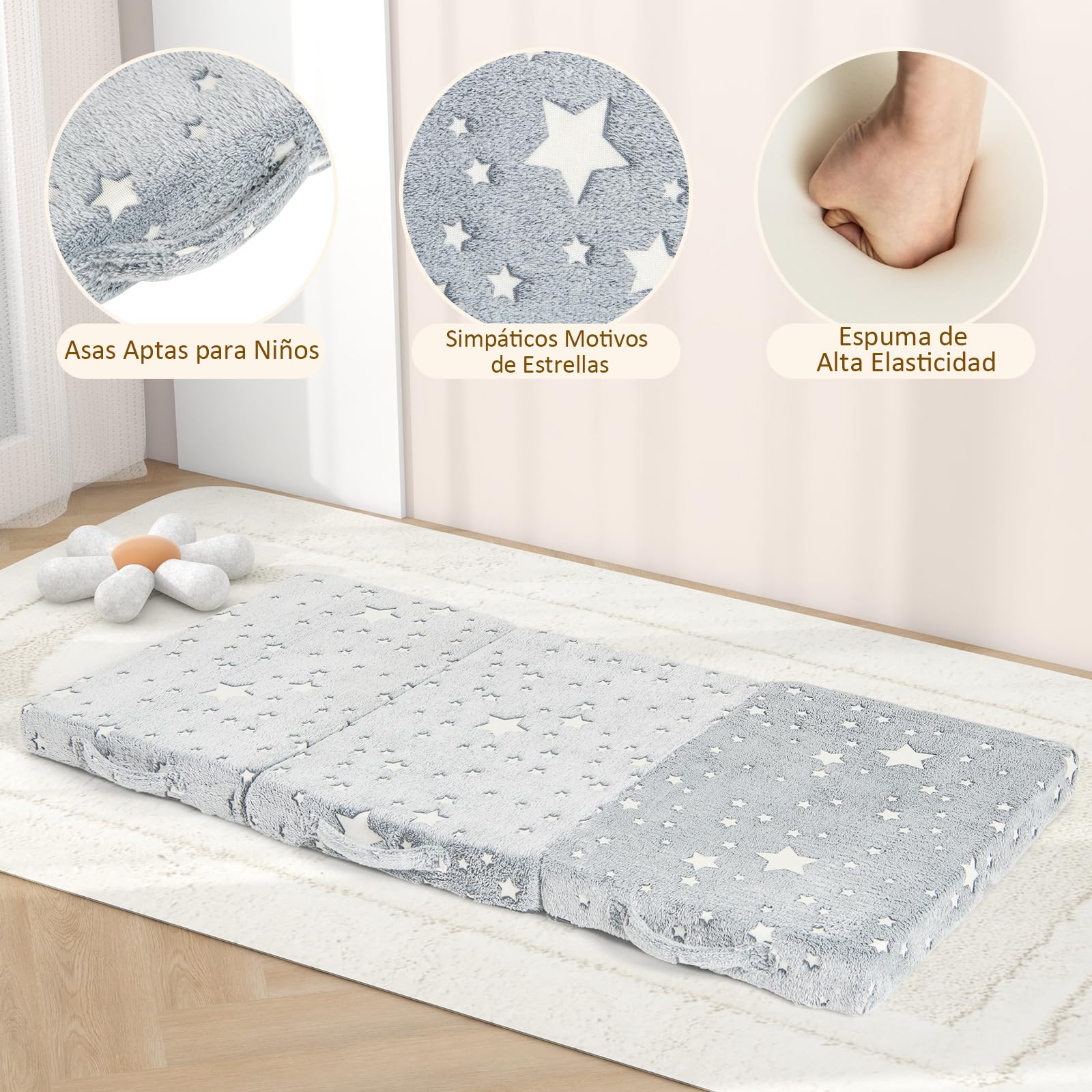 COSTWAY Colchón Cuna 122 x 61 x 7cm, Colchoneta de Suelo Plegable 3 Secciones, Estrella Brilla en Oscuridad, Funda Extraíble y Lavable a Máquina, Colchon Cuna de Viaje con Bolsa de Almacenaje