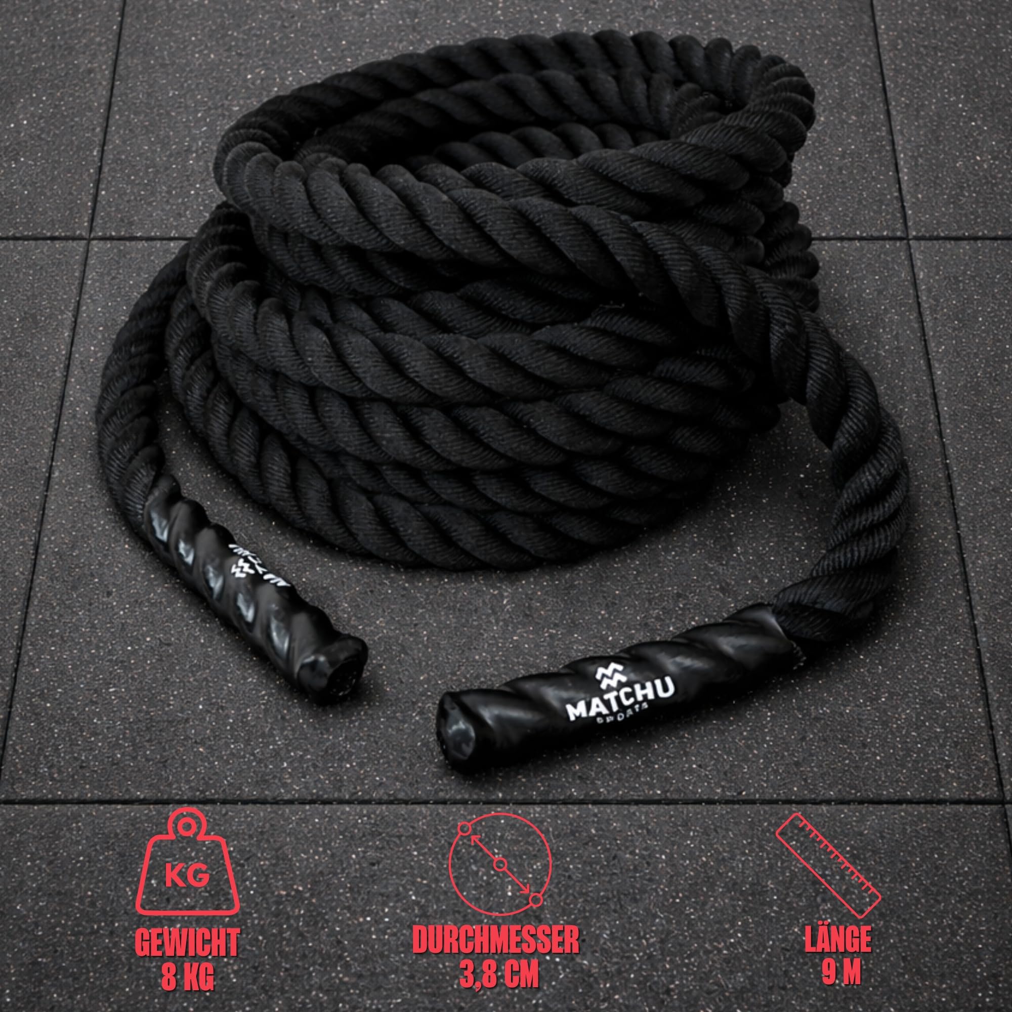 MATCHU - Battle Rope - 9M X 38 MM - 8 KG - Nachhaltiges Polyester - Full‑Body HIIT & Cardio Fitness Training - Ideal für Kraftaufbau, Ausdauer und Funktionelles Fitness-Workout - Schwarz