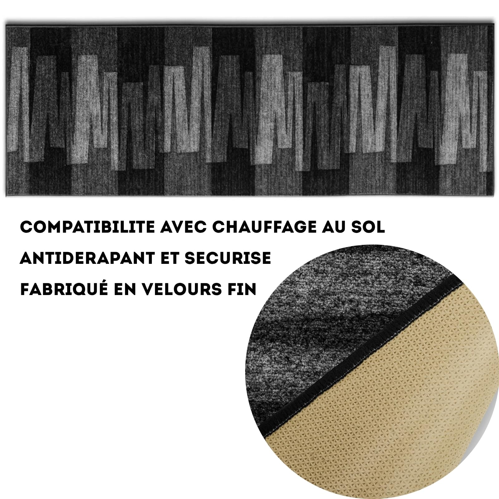 KARAT Tapis de Passage antibactérien Via Veneto Noir, Carpette de Couloir avec dos en latex antidérapant, Protection antisalissure pour le sol de Cuisine Chambre Salon, Doux aux Pieds Nus (80x1000 cm)