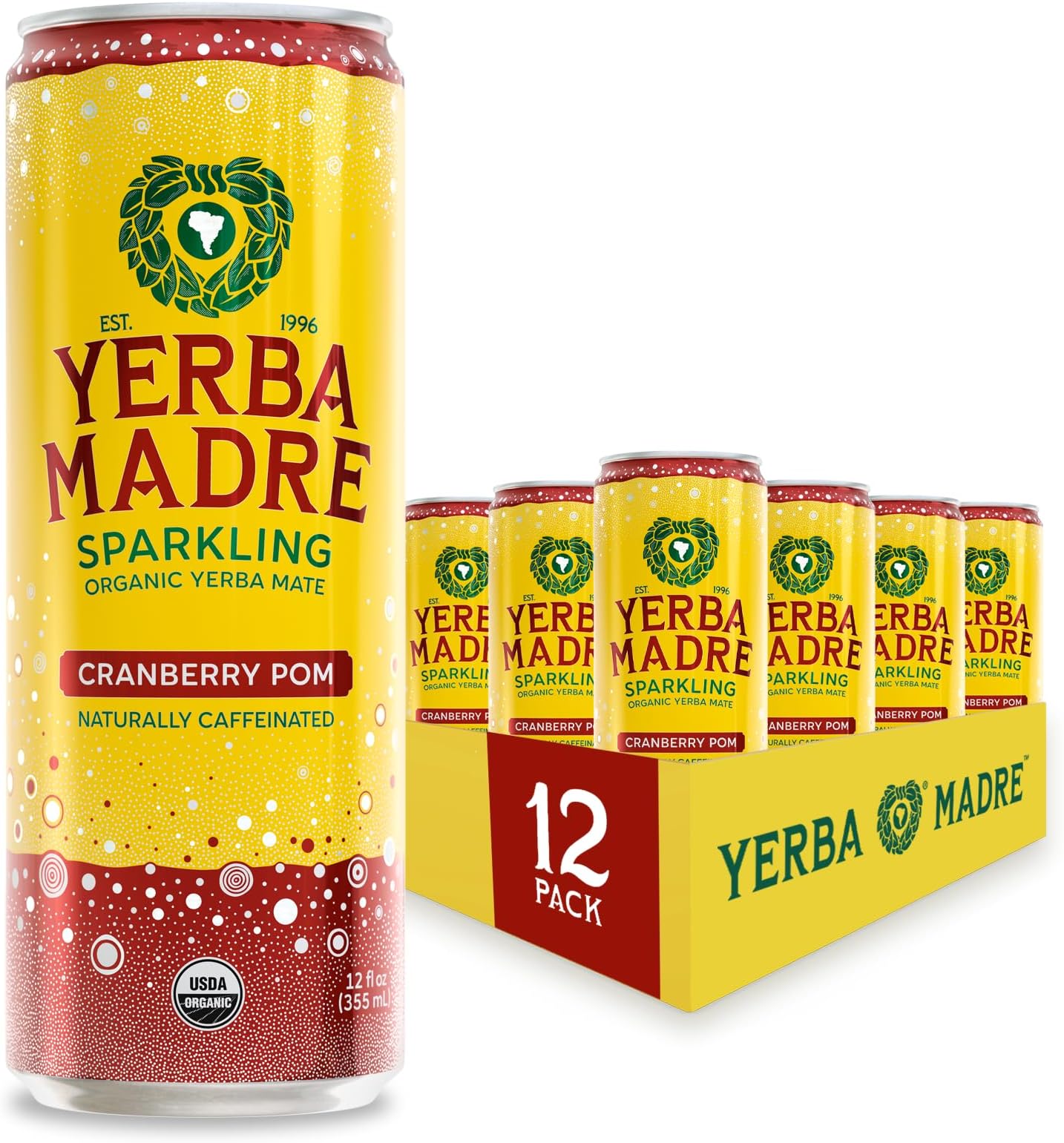 Yerba Madre Organic Sparkling Yerba Mate, Cranberry Pom, 115mg Natural Plant Based Caffeine, Smooth Energy & Focus, Carbonated, 12oz Cans (Pack of 12) (Packaging May Vary)