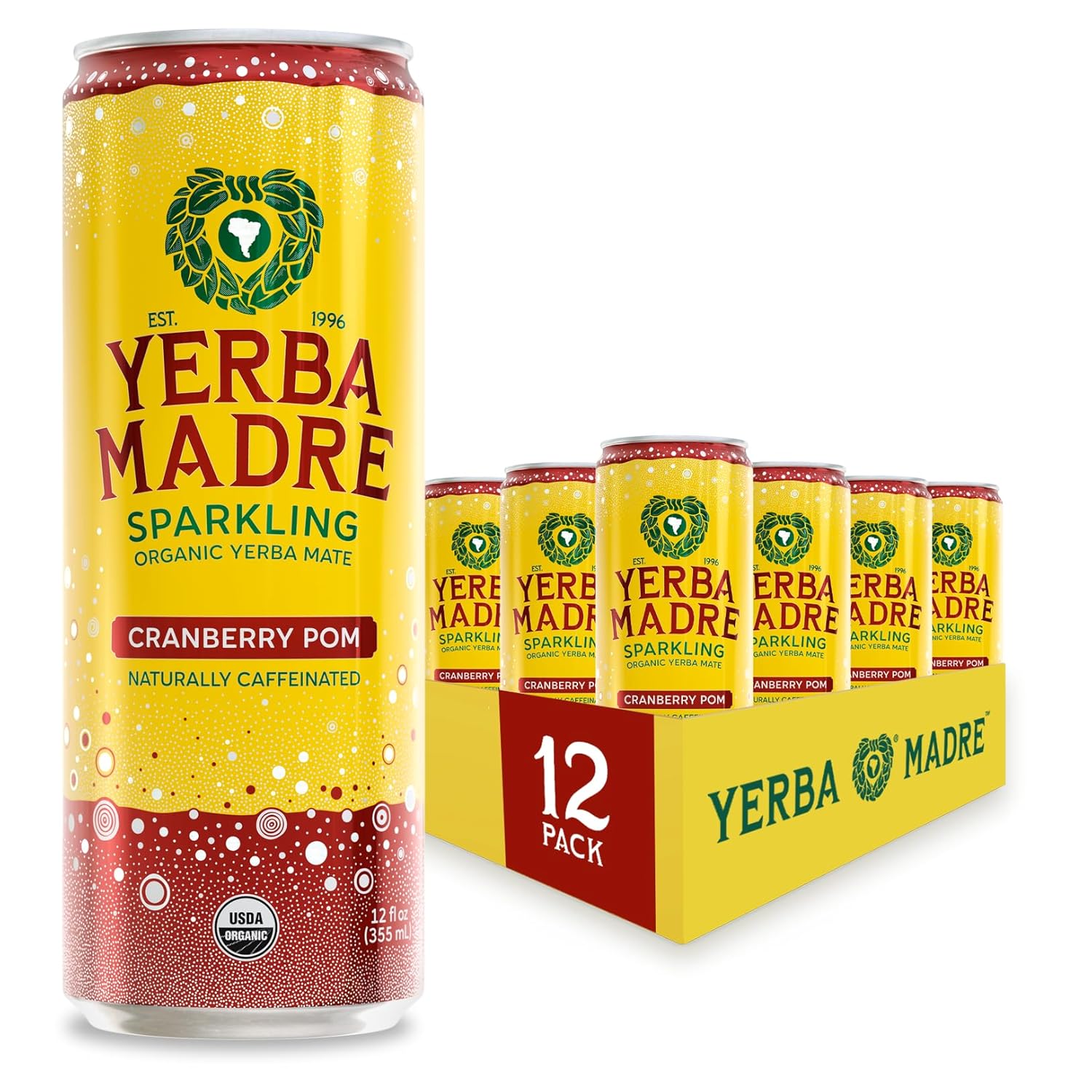 Yerba Madre Organic Sparkling Yerba Mate, Cranberry Pom, 115mg Natural Plant Based Caffeine, Smooth Energy & Focus, Carbonated, 12oz Cans (Pack of 12) (Packaging May Vary)