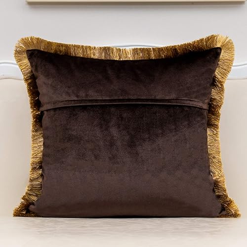 Miniatura 2 de Alerfa Funda de cojín de 20 x 20 pulgadas con diseño de rosas marrones, de terciopelo europeo, con borlas, para sofá, sala de estar, dormitorio,