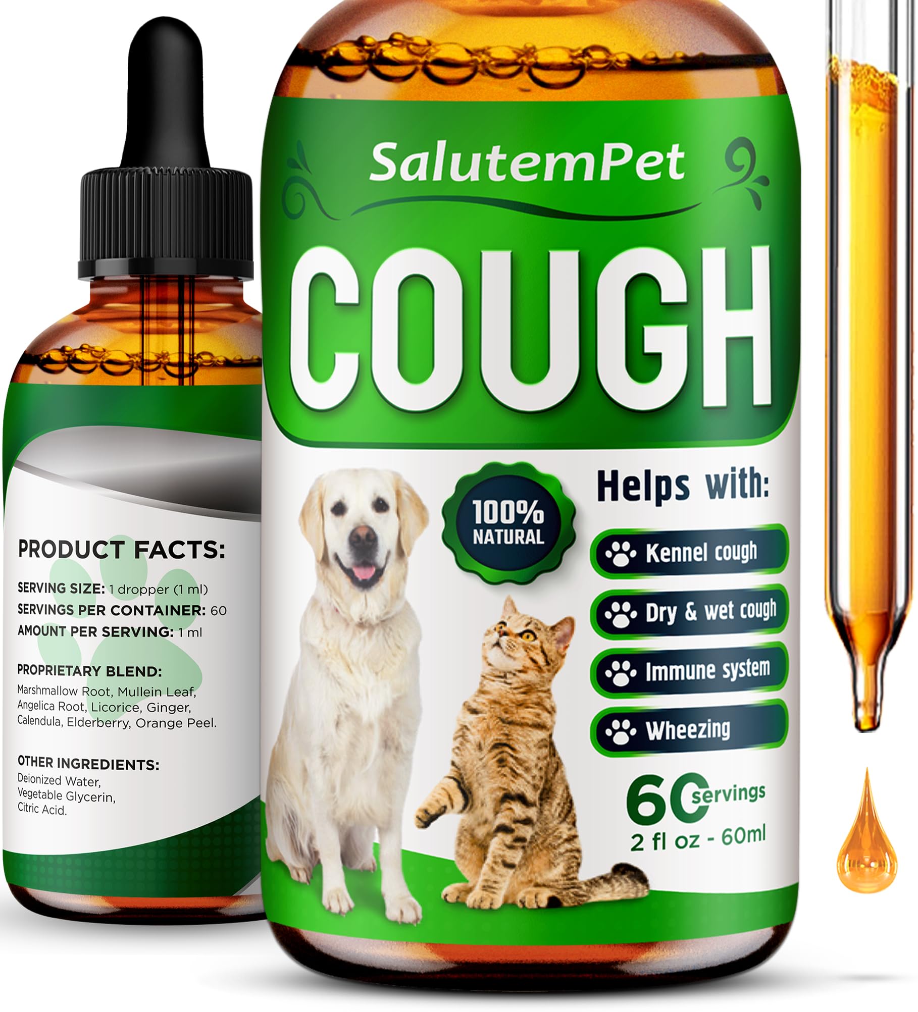 Kennel Cough Medicine for Dogs & Cats – Kennel Cough Treatment Helps with Allergies & Sneezing – Herbal Supplement with Mullein Leaf, Angelica Root, Calendula Breeds – 2 Oz