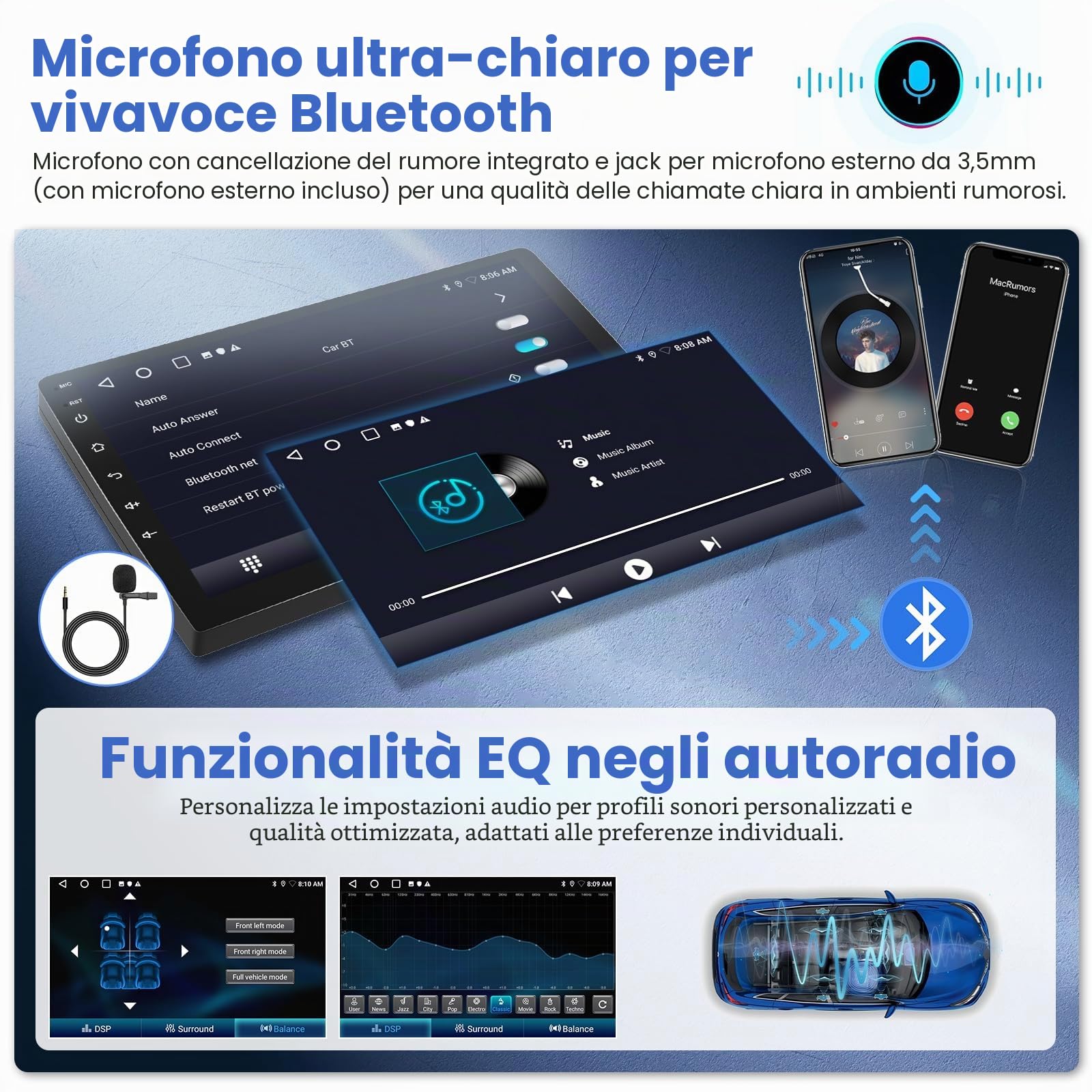 Inefala 2G+64G Android Autoradio per Fiat Bravo 2008-2013, 9" Touchscreen Stereo Auto Bluetooth con Wireless Carplay & Android Auto GPS/WiFi/RDS/FM Mic Retrocamera