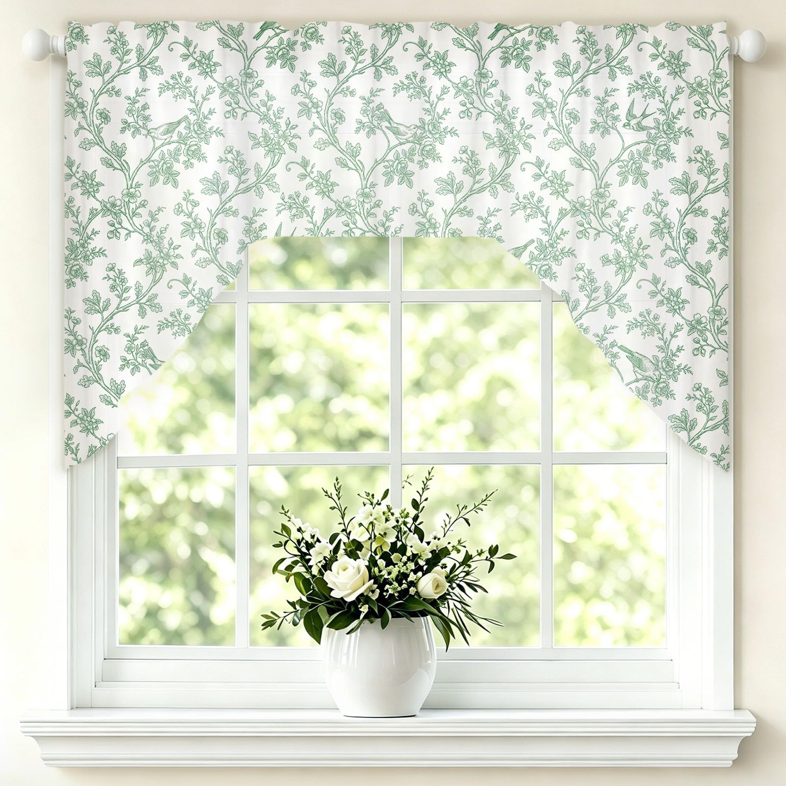 TNKBREEZE Floral Swag Curtains Light Green Short Valances for Window Rod Pocket Semi Sheer Window Topper Home Decor for Living Room Kitchen Bathroom Bedroom Windows 56in Wide 1 Panel