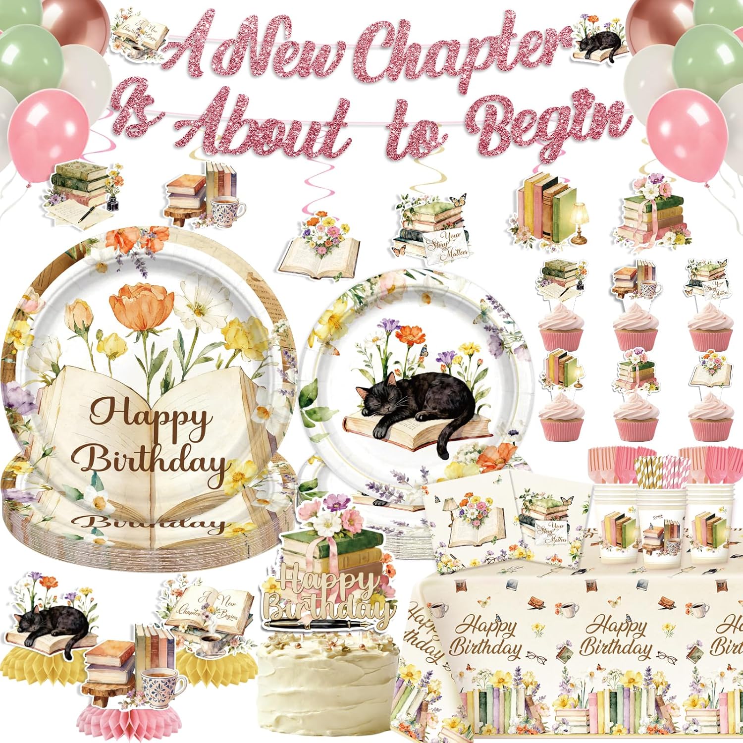 NeoRov 208 Pcs Book Themed Party Decorations Tableware Set - Service 25 Guests - Includes Banner, Cake Topper, Balloons, Plates And Napkins Paper Cup - For Book Themed Party