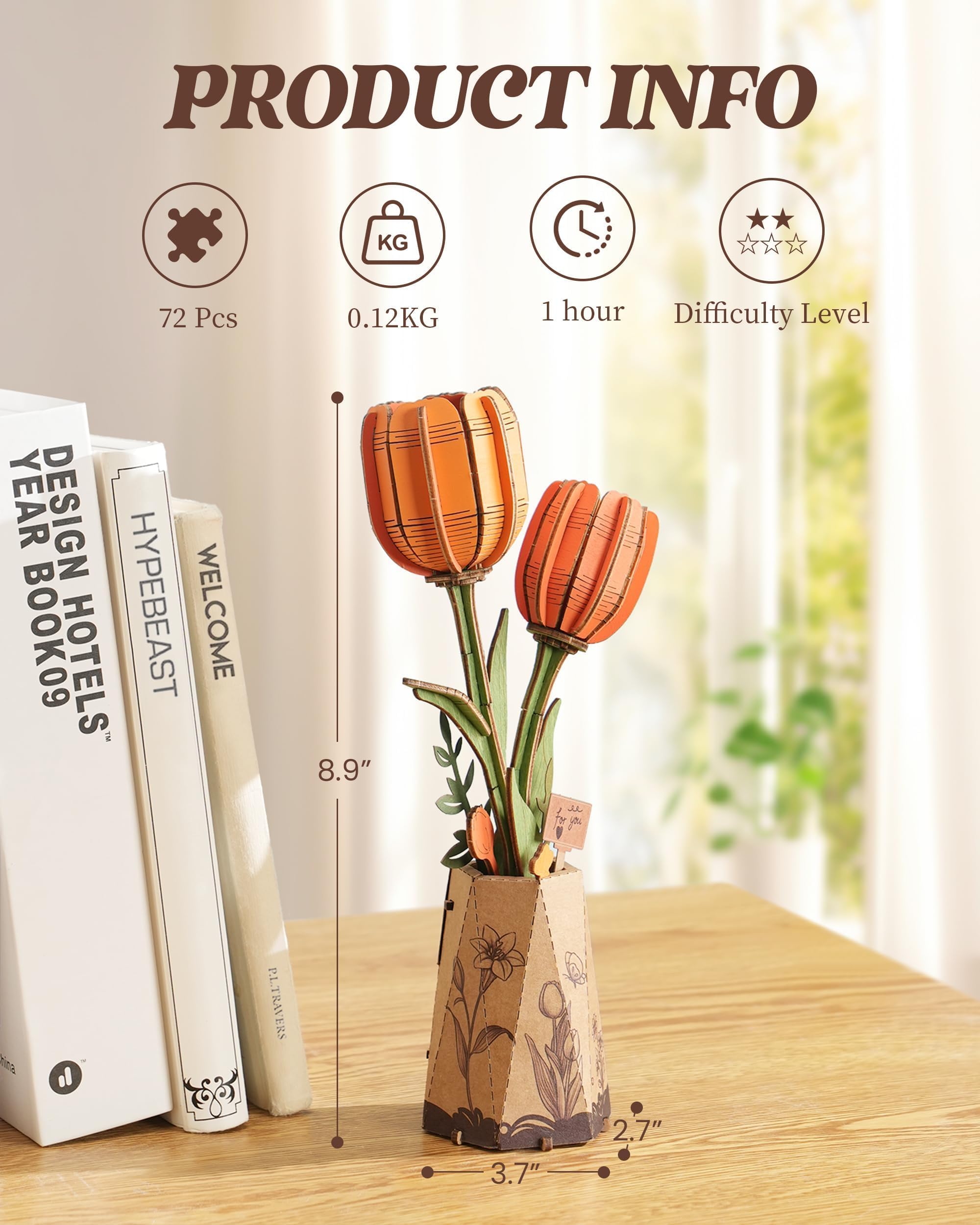 ROBOTIME Orange Tulip 3D Wooden Puzzle, Artificial Flowers Model Kits for Adults to Build Creative Home Decor - Image 4