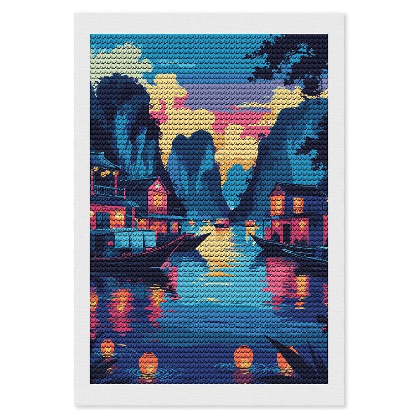 Junmoney Vibrant Asian River Village at Dusk Round Drill Diamond Painting 8"x12", Satisfying Creative Project, Complete Accessories, Printed Canvas