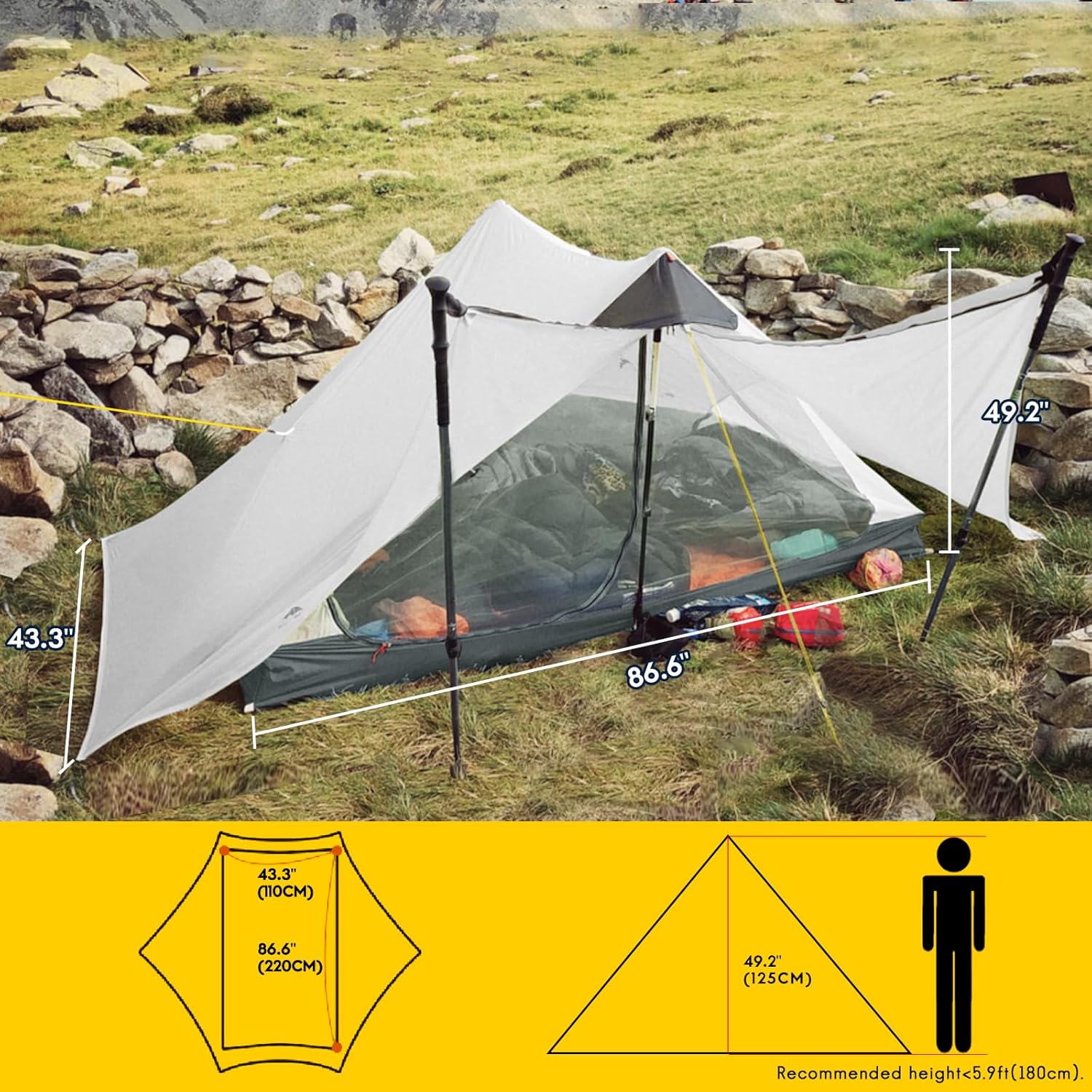 LANSHAN Ultralight Tent 3-Season Backpacking Tent for 1-Person or 2-Person Camping, Trekking, Kayaking, Climbing, Hiking