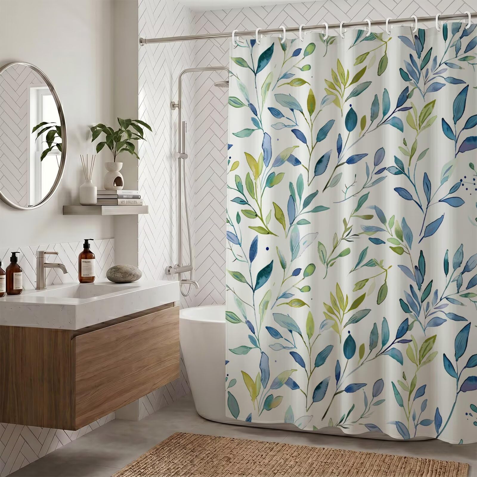 Rideau de douche 140x190cm imperméable en polyester à motif feuille pour baignoire