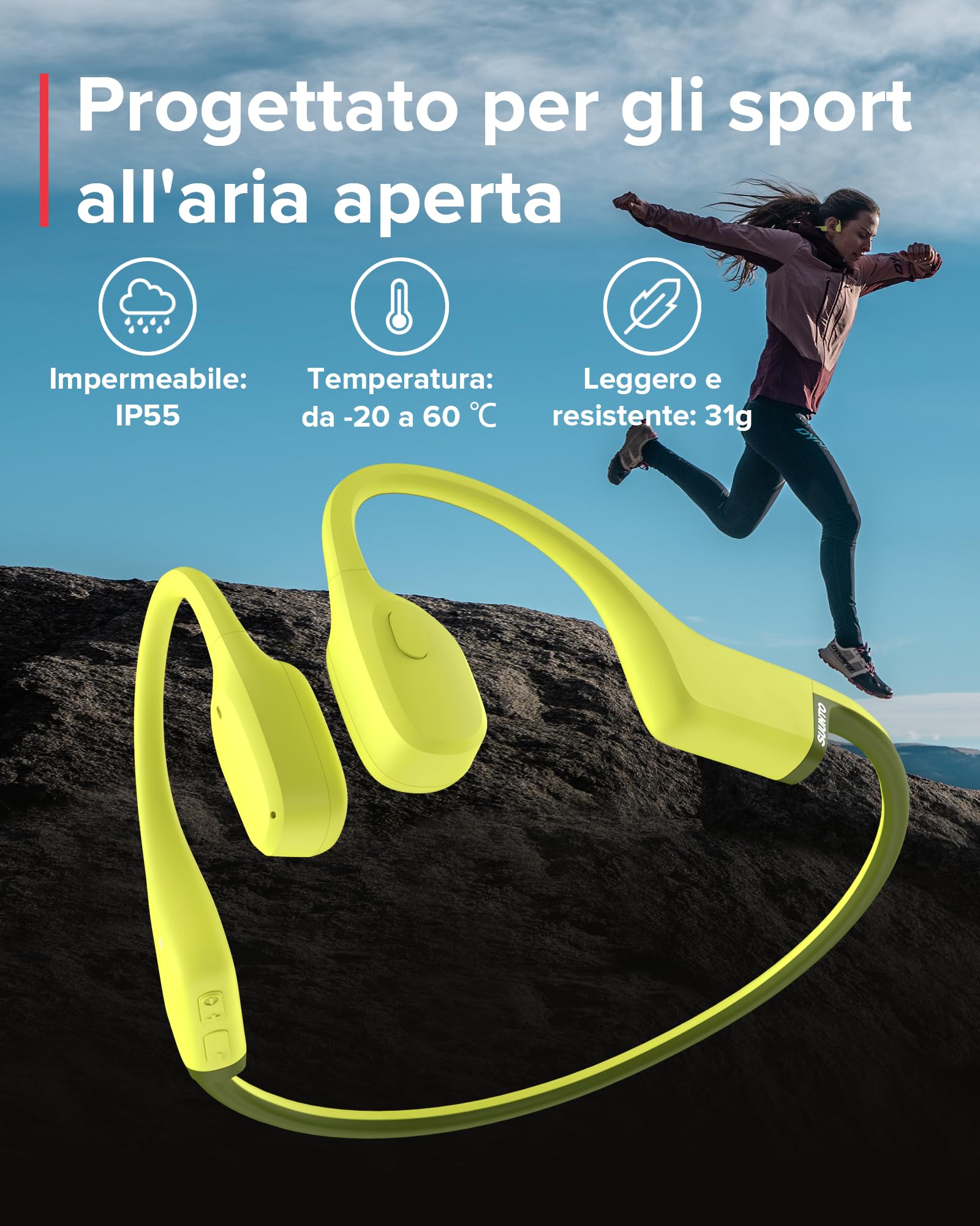 SUUNTO Sonic Cuffie Conduzione Ossea Senza Fili, Auricolari Sport Wireless Over-ear Bluetooth 5.2, Impermeabilità IP55 Waterproof, Eccellente Qualità del Suono, Autonomia di 10 Ore, per Corsa Running