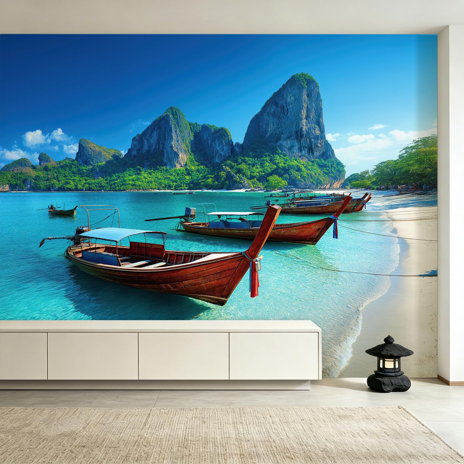 Générique Tapeta z włókniny z naturalnego krajobrazu 250 x 175 cm, tapeta plażowa drewniana łódka panoramiczne zdjęcie, łatwa do zainstalowania dekoracja ścienna do salonu, sypialni, kuchni