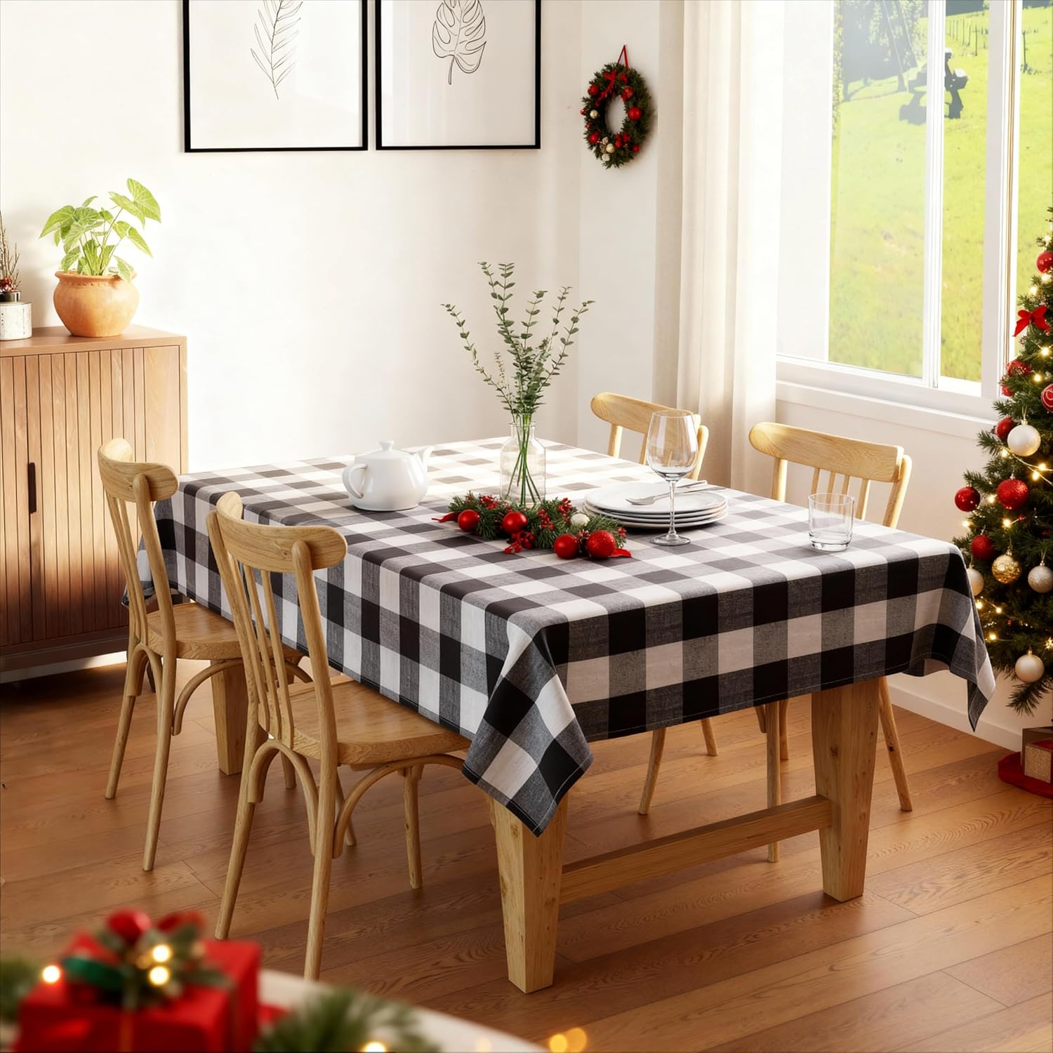 Encasa XO Dining Table Cover | 56x94 in Recycled Cotton Tablecloth | Buffalo Black Checks Design Table Cloth for Decoration - Machine Washable
