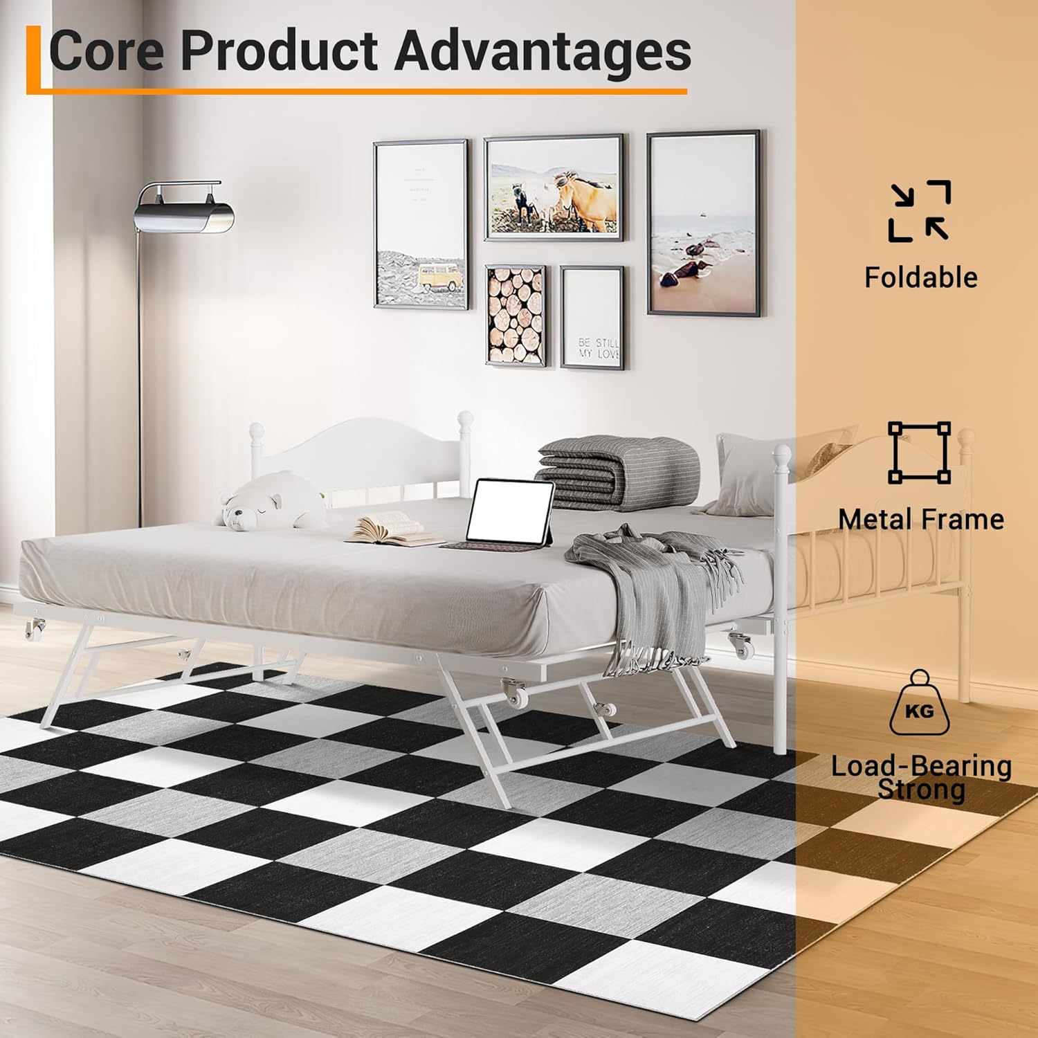 GAOMON Twin Daybed with Trundle, Sturdy Metal Foldable Bed Frame, Metal Double-Sized Sofa Bed, Heavy-Duty Steel Bed Frame, Suitable for Living Rooms, Bedrooms and Guest Rooms, White