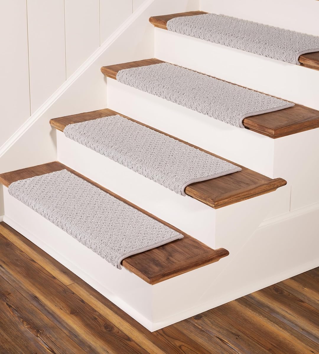 Oak Valley Designs™ Rounded Bullnose Carpet Stair Treads - Anti Slip Indoor Stair Mats for Wooden Stairs, Style: Bayside Charm, Silver Birch 27" W X 9.75" D (Set of 14)