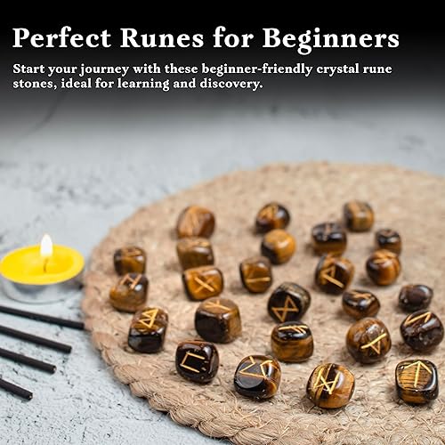 Miniatura 5 de Crocon Piedras preciosas de ojo de tigre con alfabeto Futhark de saúco grabado, 25 piezas, juego de runas de cristal para curación de chakras,