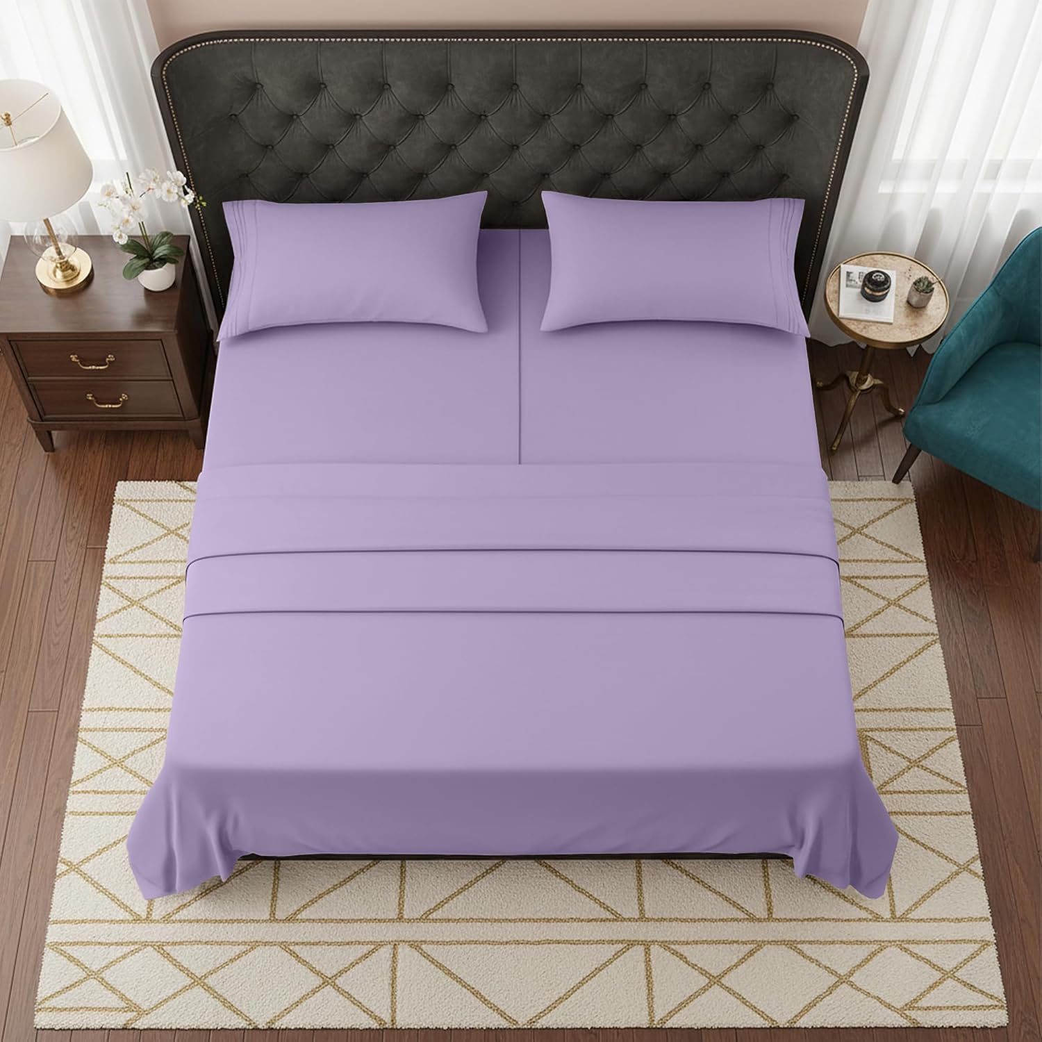 Elegant Comfort Luxurious 1500 Premium Hotel Quality Microfiber Three Line Embroidered Softest 5-Piece Bed Sheet Set, Wrinkle and Fade Resistant, Split King, Lilac