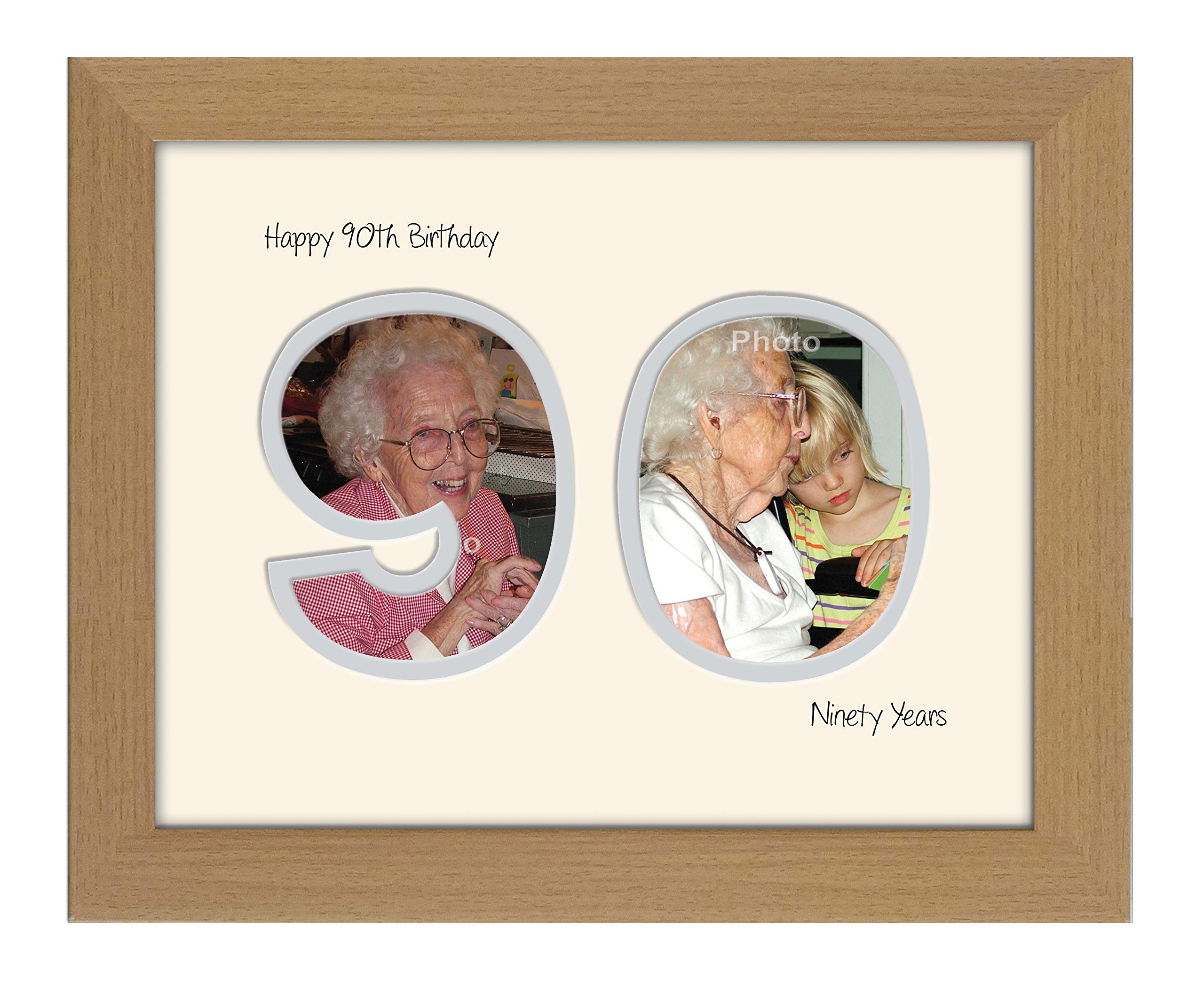 90th Birthday Photo Frame Ninetieth Cut Out Numbers Double Mounted Quality Gift 1189F (Oak Finish Frame Cream Mount Grey Inside)