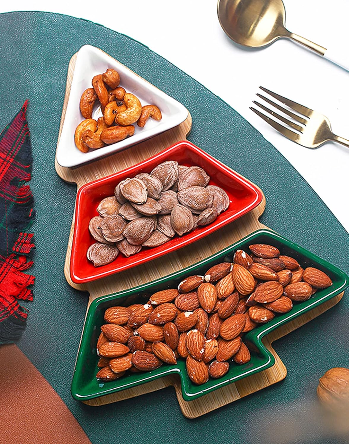Colorful 10.8 Inches Snack Appetizer Trays Set, Christmas Tree Dessert Serving Dishes, Snack Platter, 3 pcs Removable Porcelain Plates with Bamboo Tree Tray