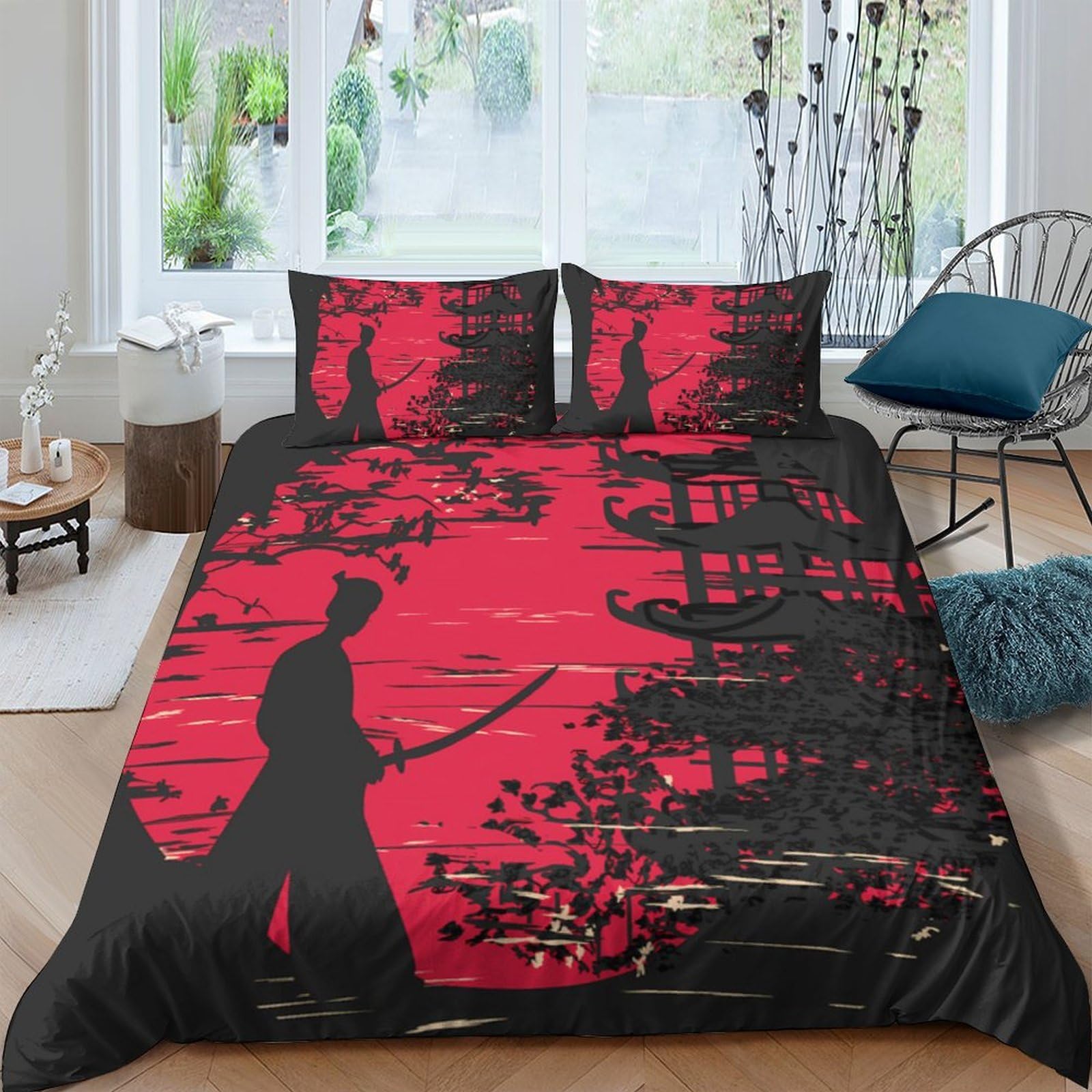 Ctjqhvkz Style-9 3D Printed Samurai Red Sun Fitted Sheet Microfiber Soft Black Pagoda Mattress Cover Bedroom Decor Single（135X200cm）