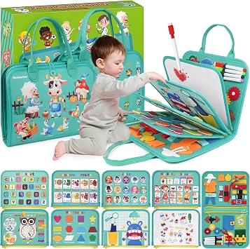 Montessori Busy Board - Sensory Learning Toys for Toddlers 3-6 Years-10 Pages-32 Activities, Airplane Car Travel Educational Toys for Autism, 3 Years Boy Birthday Gift Cyan