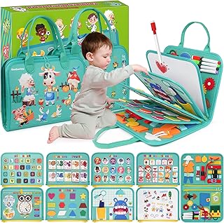 Montessori Busy Board - Sensory Learning Toys for Toddlers 1-6 Years, 10 Pages, 32 Activities, Airplane Car Travel Educational Toys for Autism, Baby Birthday Gift