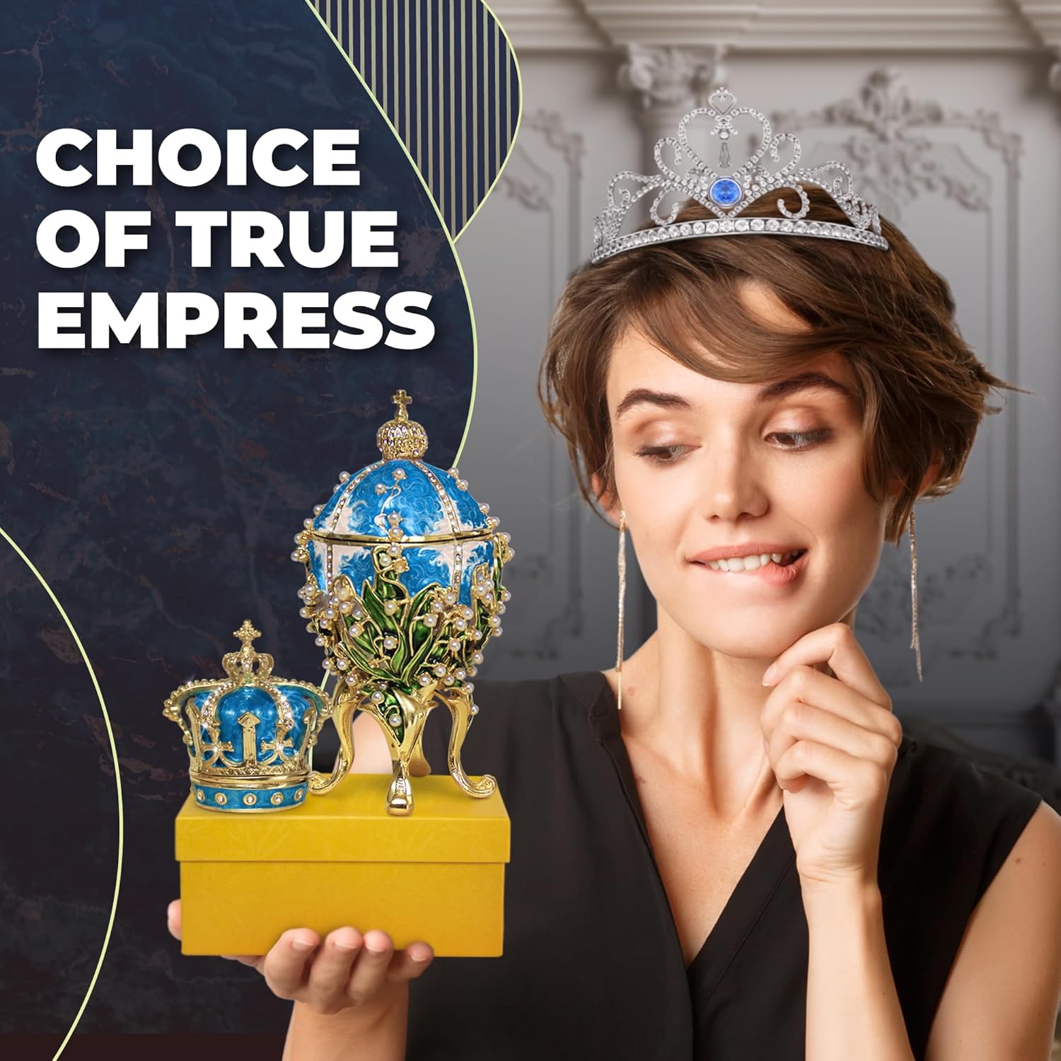 Decorative Lilies of The Valley Easter Egg Replica Extra Large 5.9 inch Hand Painted Jewelery Box for The Ultimate Home Decor Comes with Gift Unique Trinket Crown Box (Blue, 5.9)