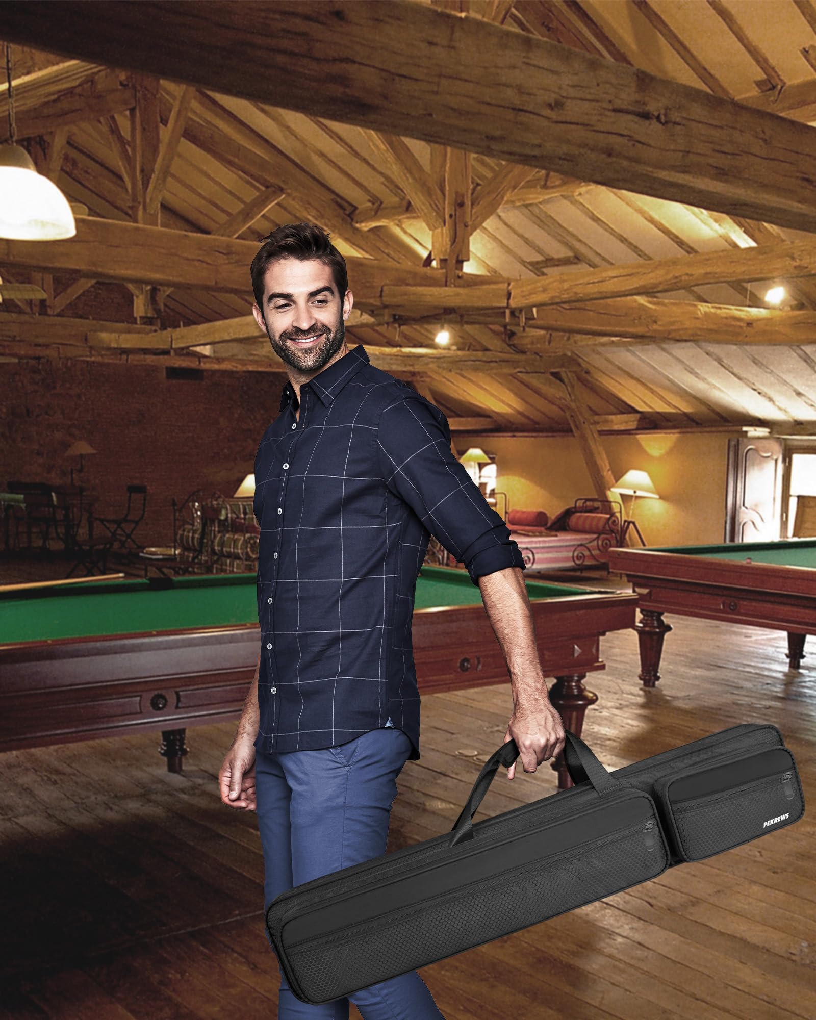 PEKREWS Sac de Queue de Billard 4 x 5 avec Plusieurs Compartiments pour 4 buts et 5 tiges - Rembourré et Robuste - avec bandoulière réglable - pour Homme et Femme