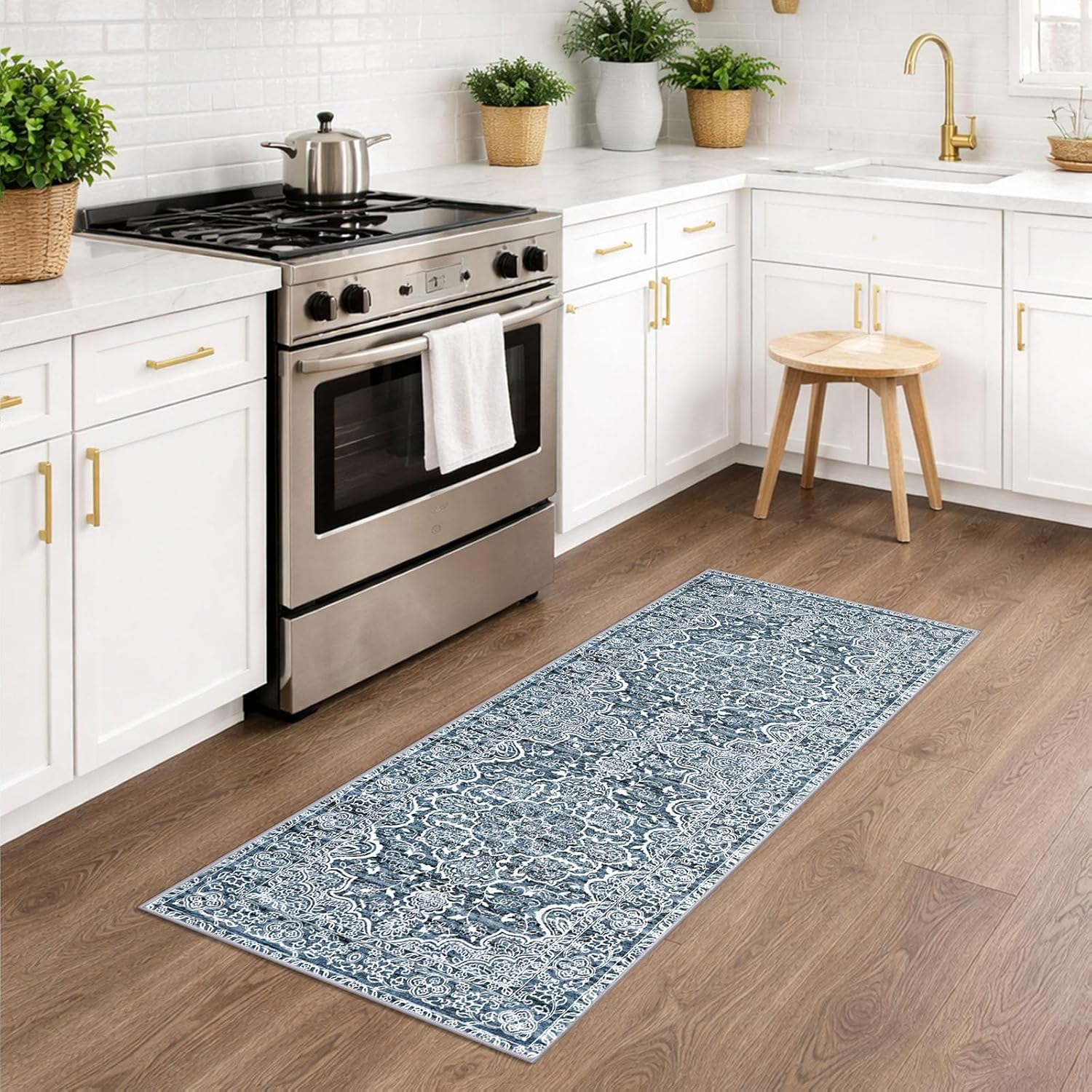 KUTA Vintage Washable Runner Rug, 2x5 Runners Non-Slip Blue White 5ft Hallway Kitchen Rugs Ultra Soft Printed Floral Distressed Tribal Farmhouse Carpet for Bedroom Entryway Decor