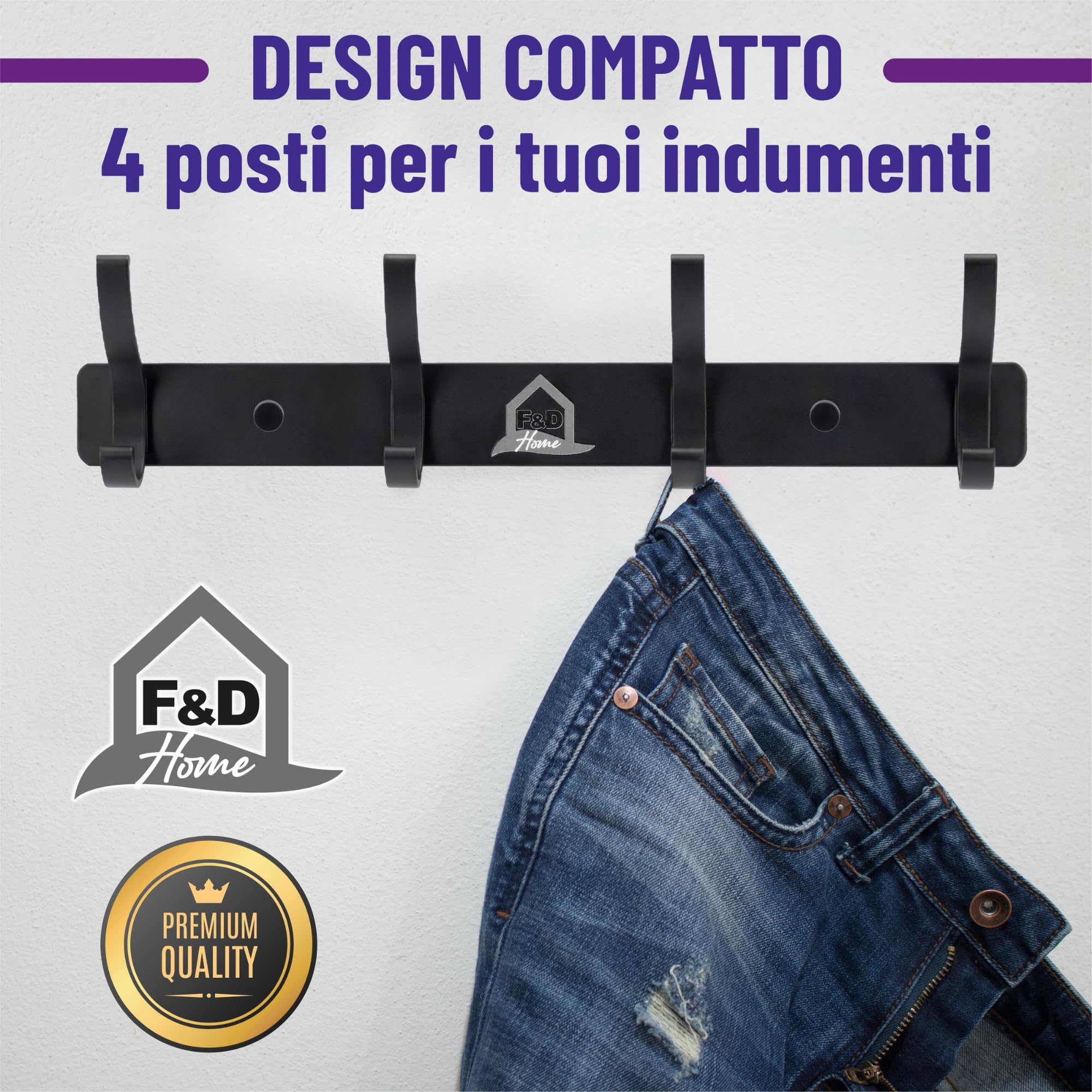 F&D Home - Appendiabiti da Parete con 4 Ganci e 2 Viti Facile da Montare – Attaccapanni da Muro Moderno in Lega di Alluminio – Porta Asciugamani Bagno, Appendigiacche Ingresso,Appendi Strofinacci