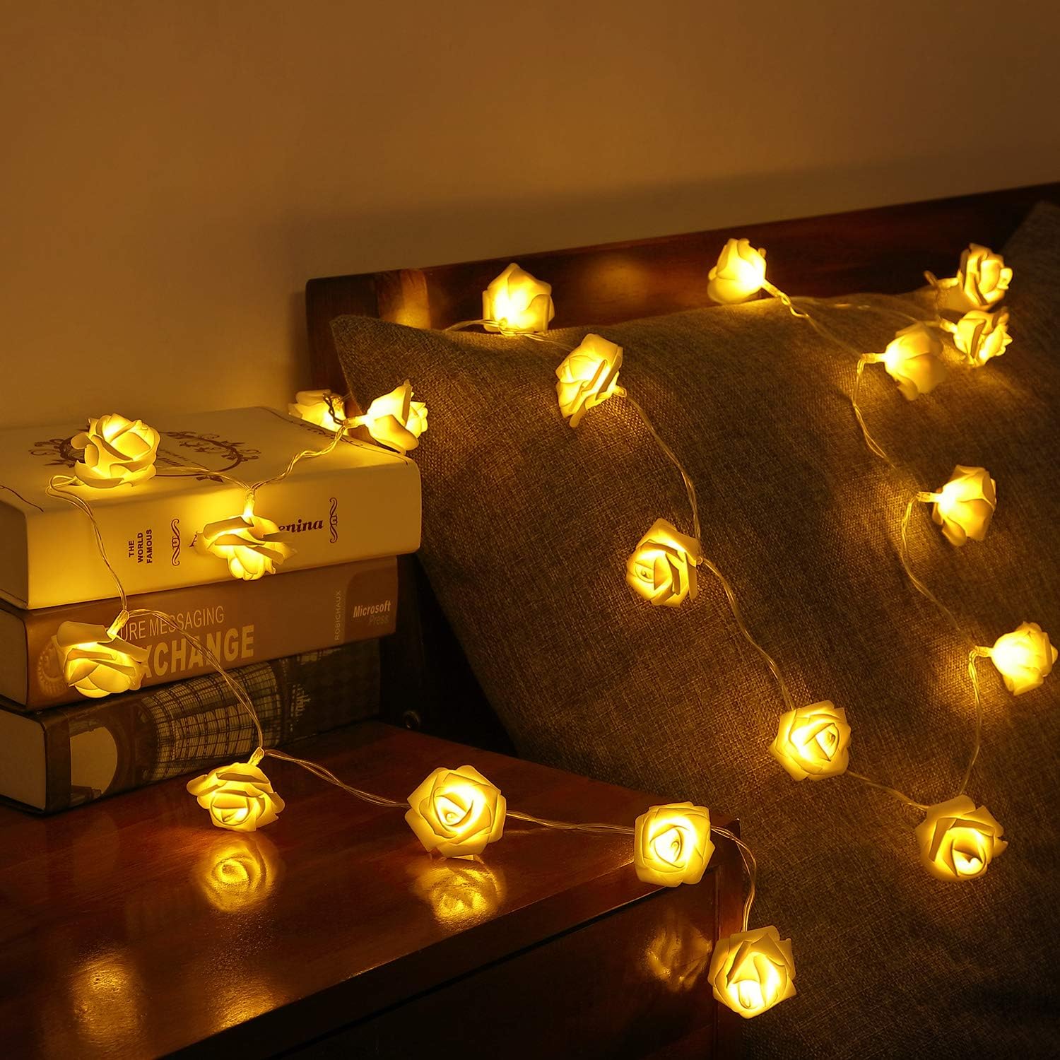 LED Rose Flower String Lights, 6.6 ft 20 LEDs Rose Lamp Fairy String Lights Battery Operated Indoor Outdoor, DIY Lights Decorations for Mother's Day Valentine's Wedding Garden Party (Warm White)