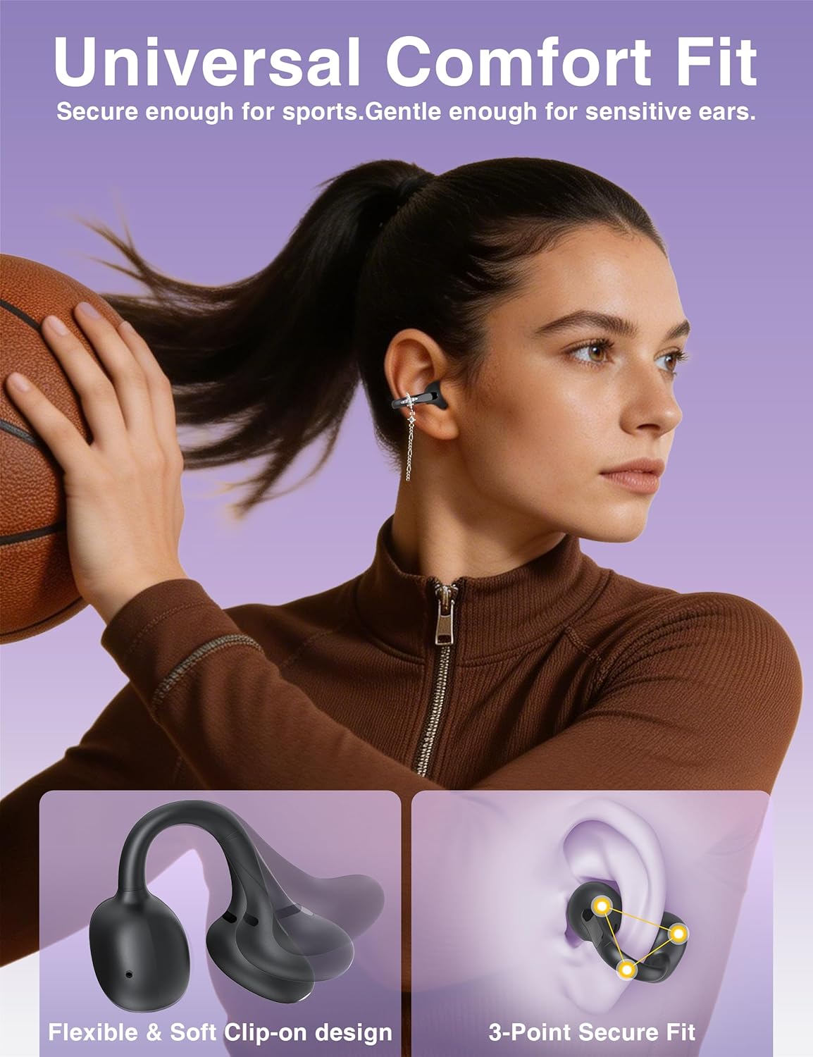 Open Ear Earbuds with Dangling Star Jewelry Earrings, Wireless Bluetooth 6.0 Clip-on Earbuds, 50H Playtime, Comfortable Snug Fit, Chic Tech Accessories & Gifts for Women&Kids(Black)