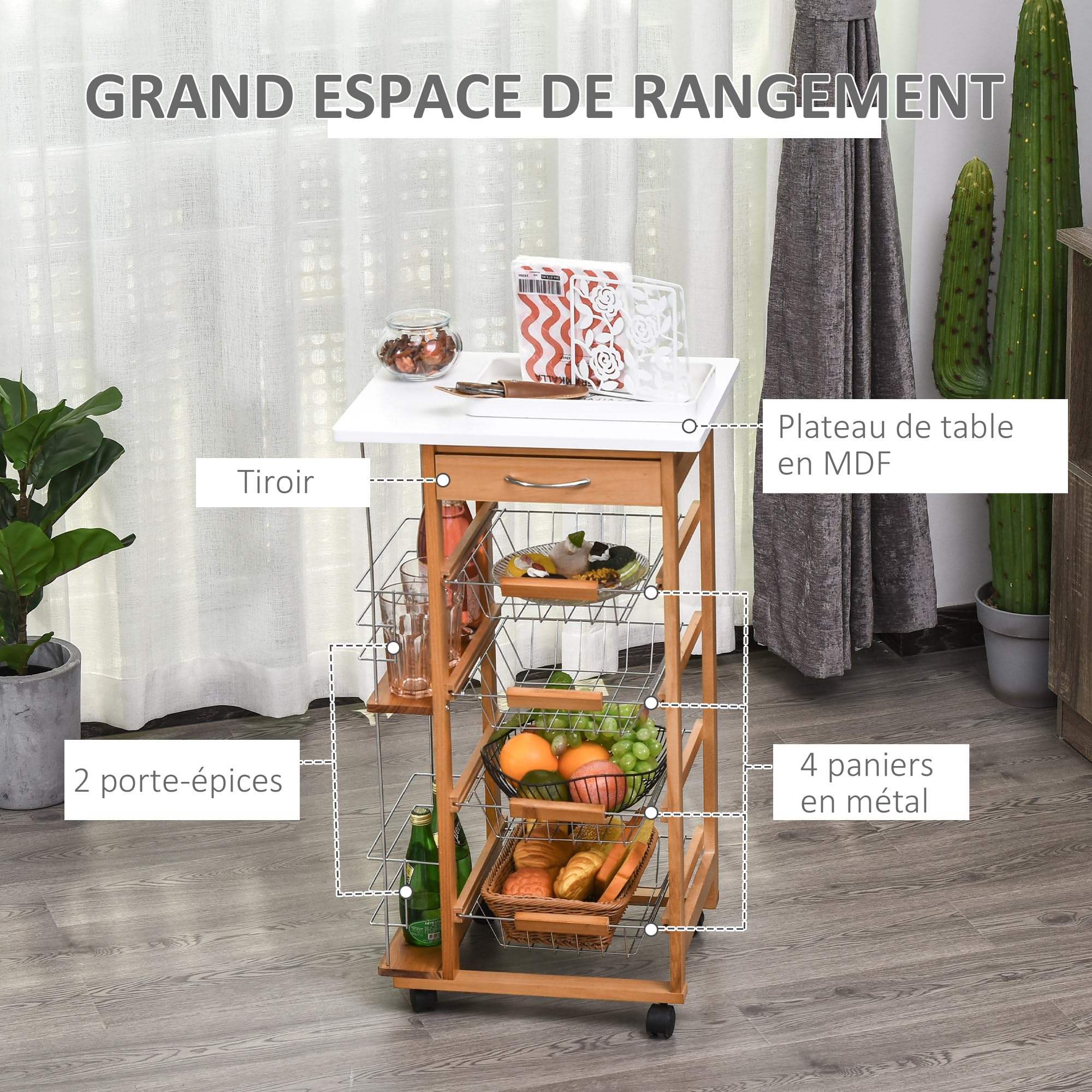 HOMCOM Desserte Cuisine à roulettes avec Tiroir 47x37x83 cm Blanc Marron | 4 Paniers, Étagères Latérales, Chariot de Rangement, Salon, Bureau, Cuisine