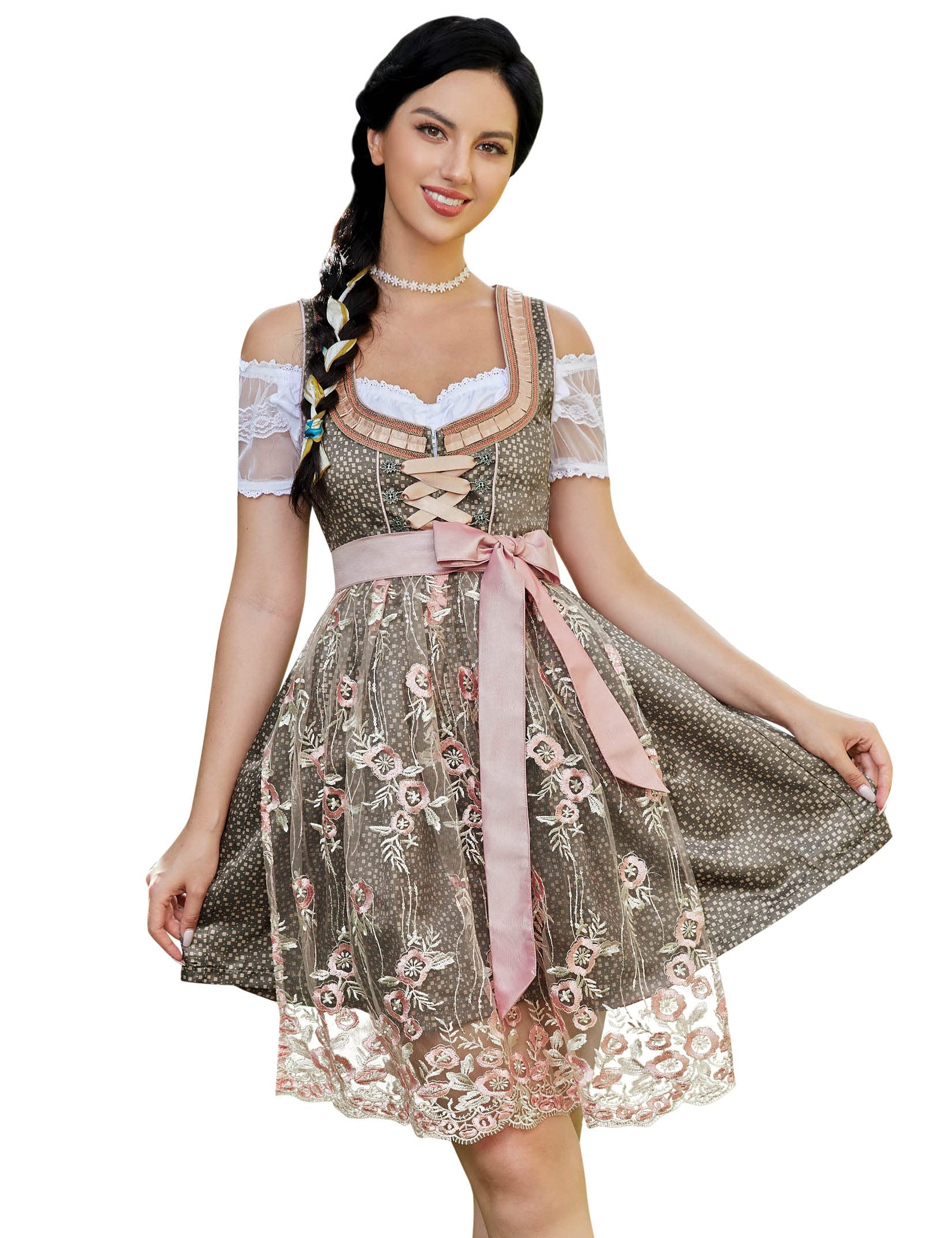 KOJOOIN Abito Donna Dirndl Bavaria Oktoberfest Set 3 Pezzi Camicia e Grembiule Dirndl Manica Corta Grembiule Bavarese Oktoberfest Cameriera Abiti da Festa