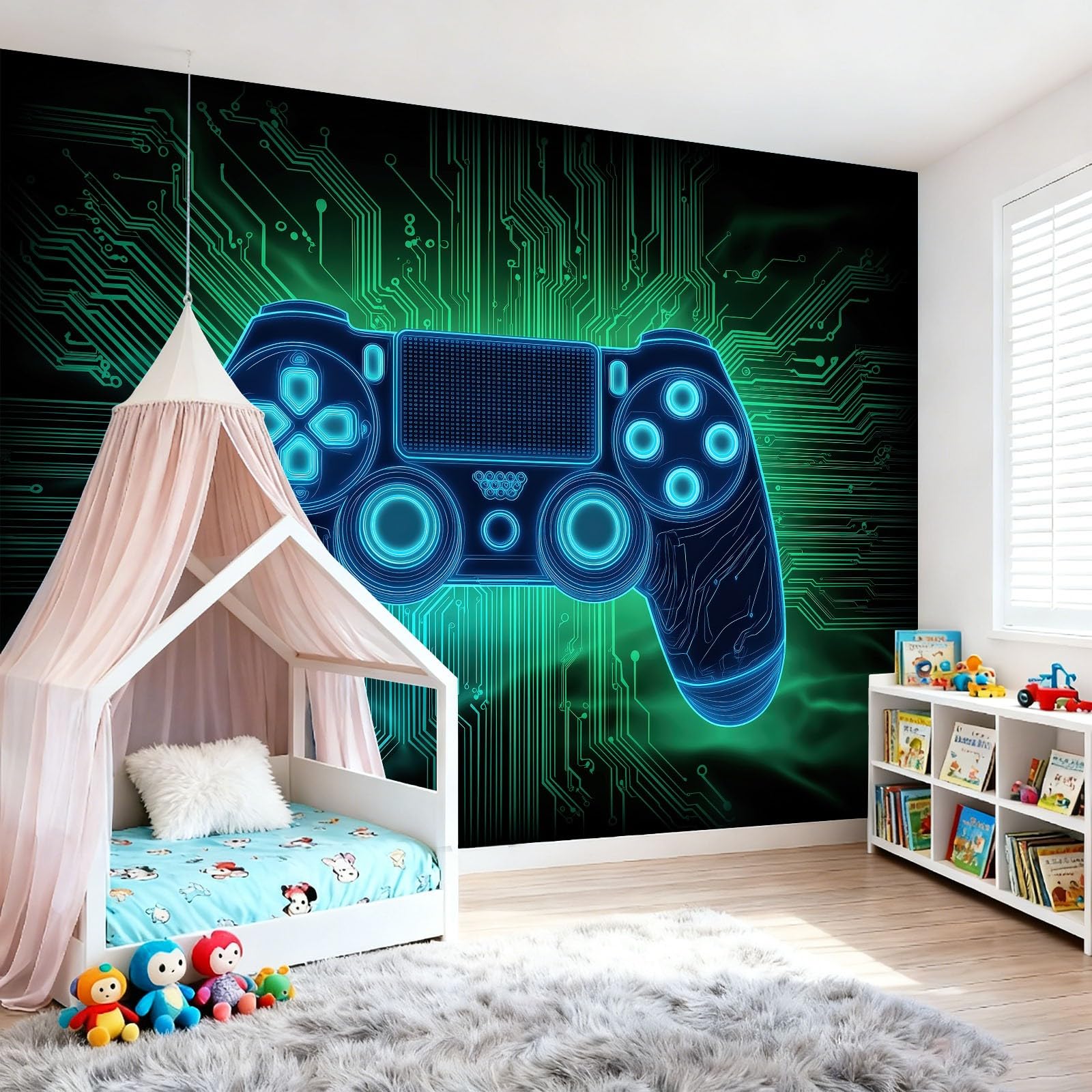 Tapeta z motywem, 250 x 175 cm, wzór kontrolera gier, wodoszczelna dekoracja ścienna do pokoju młodzieżowego i kącika do gier, niebiesko-zielona