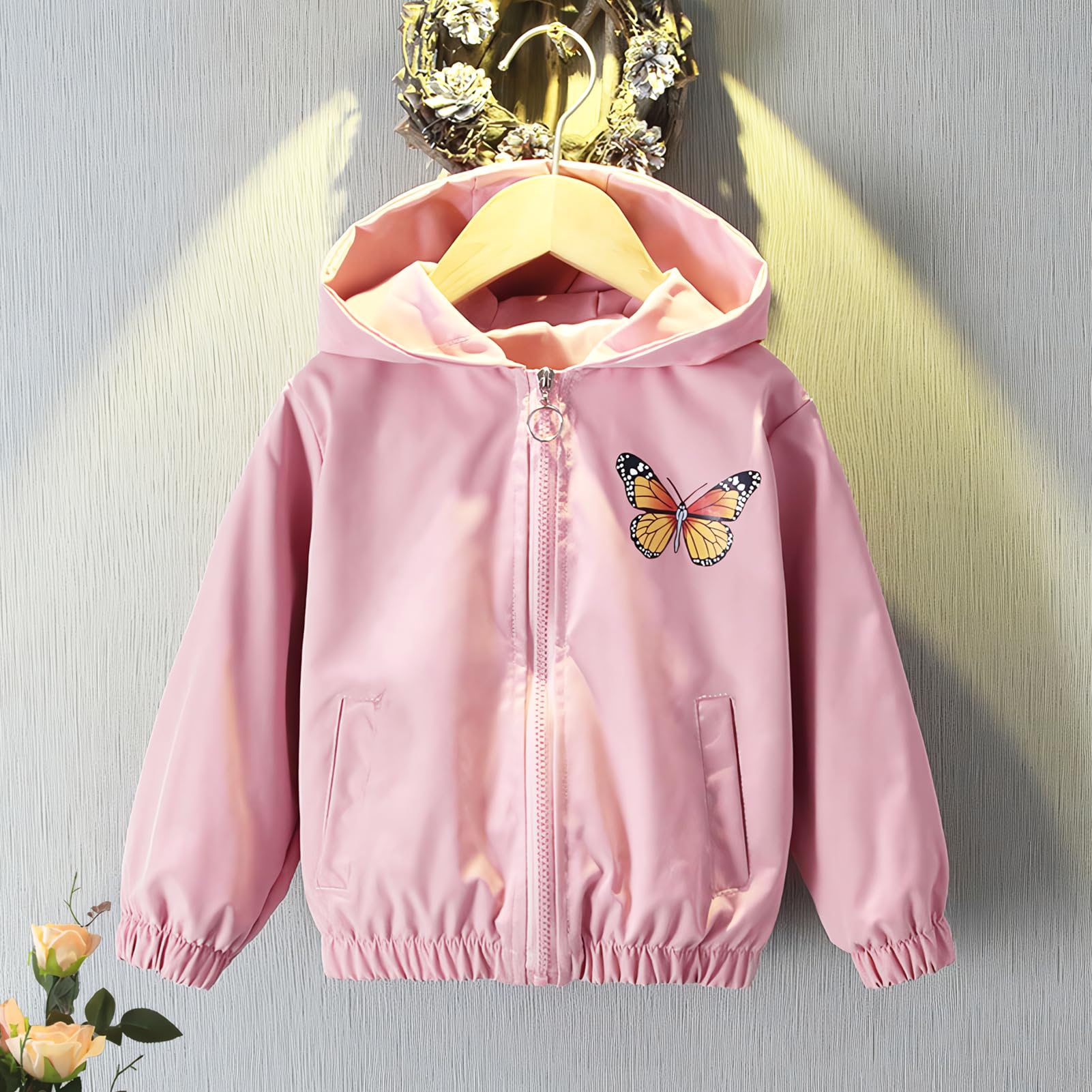 Enfant Fille Veste à Capuche Manteau Coupe-vent Blouson Trench-coat avec Papillon à Paillettes pour Printemps Automne