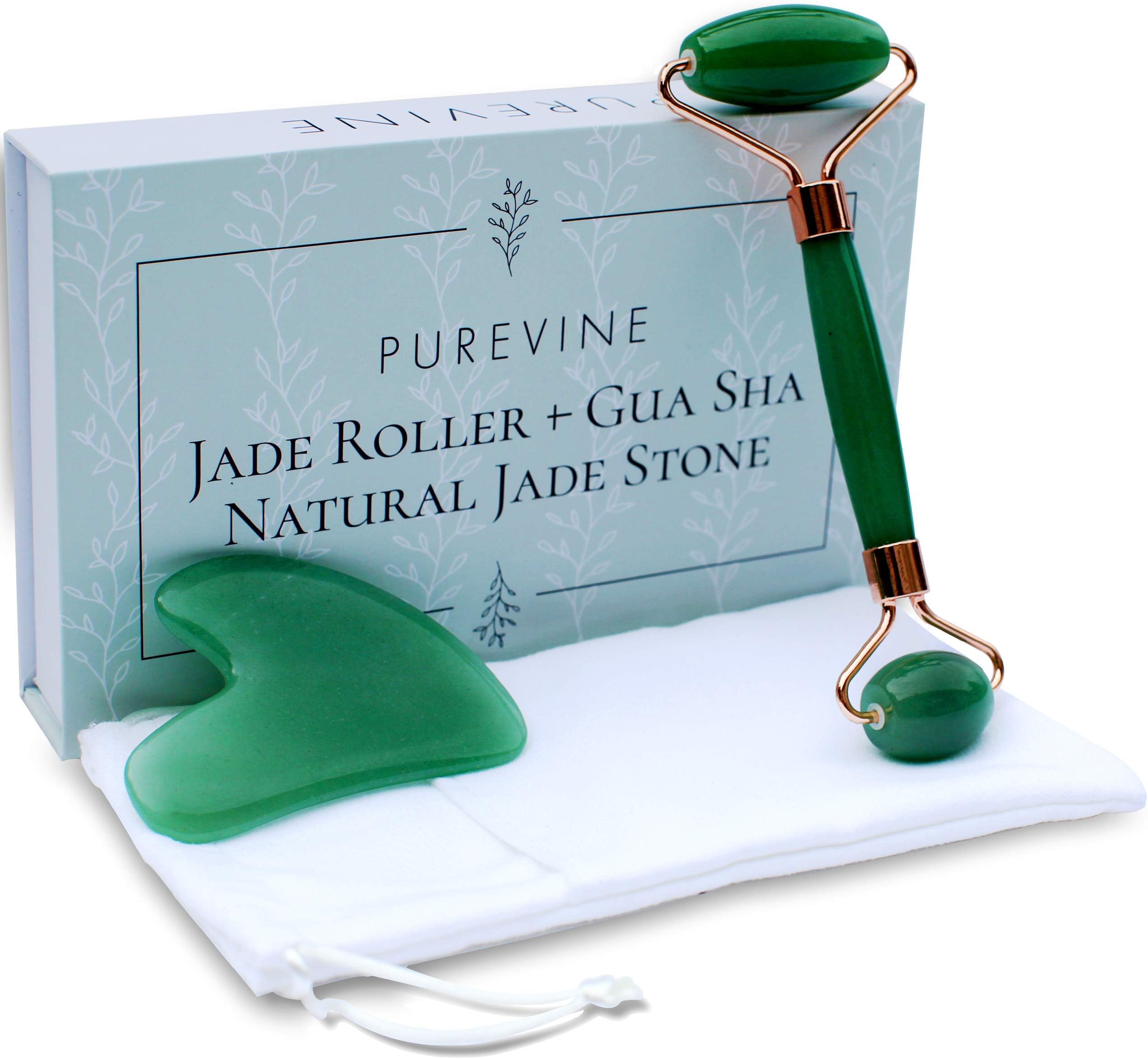 Jade Roller for Face and Gua Sha Scraping Tool Kit with Carry Pouch - Natural Stone Anti Aging Beauty Facial Massage Set - Beautiful Skin Detox Helps Reduce Wrinkles, Puffy Eyes, Fine Lines