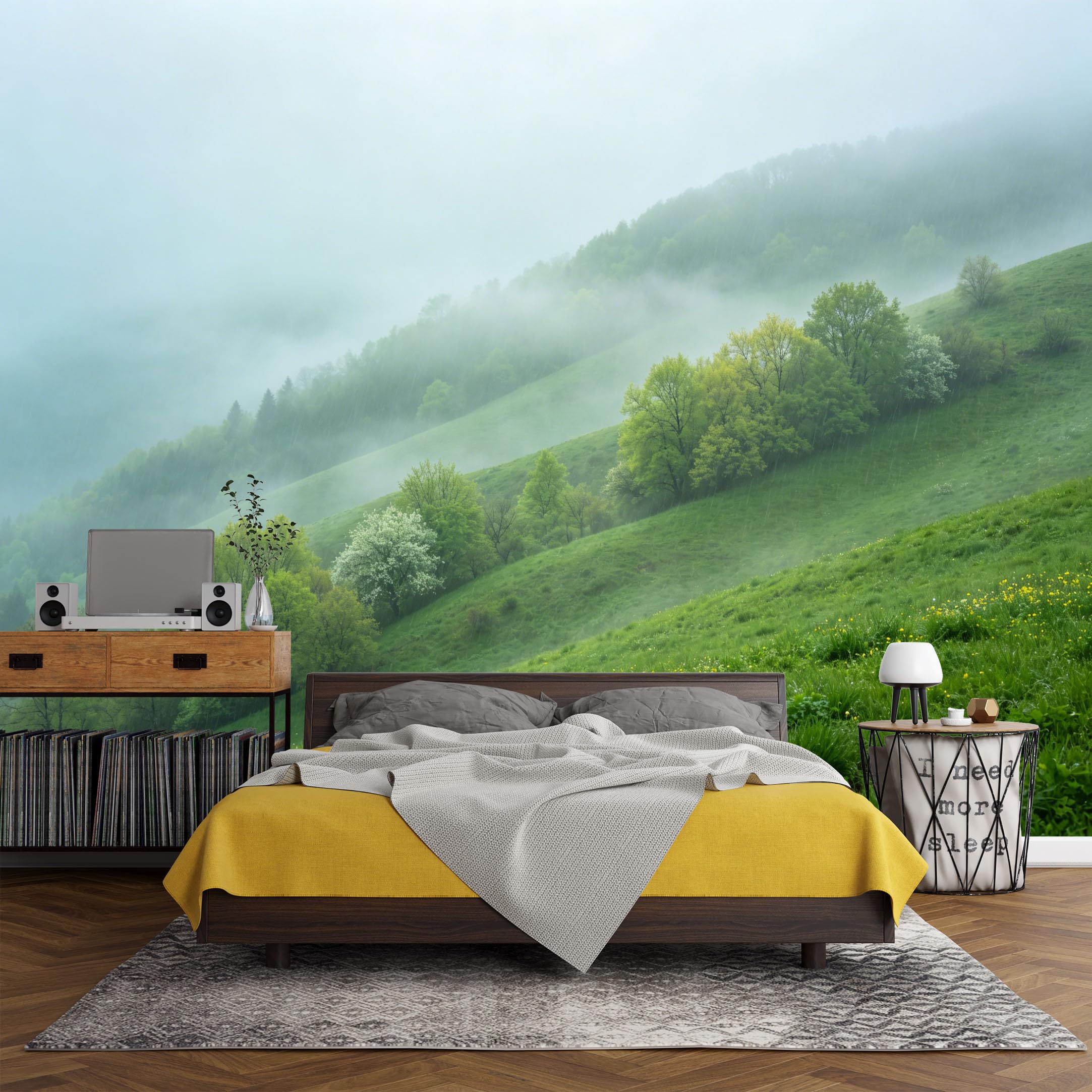 Custom Size Wall Mural， Landscape Foggy Green Hill Forest Meadow Mist Nature View，SelfAdhesive Art Prints wall Fabric (No PVC) Removable Wallpaper Living Room Decor