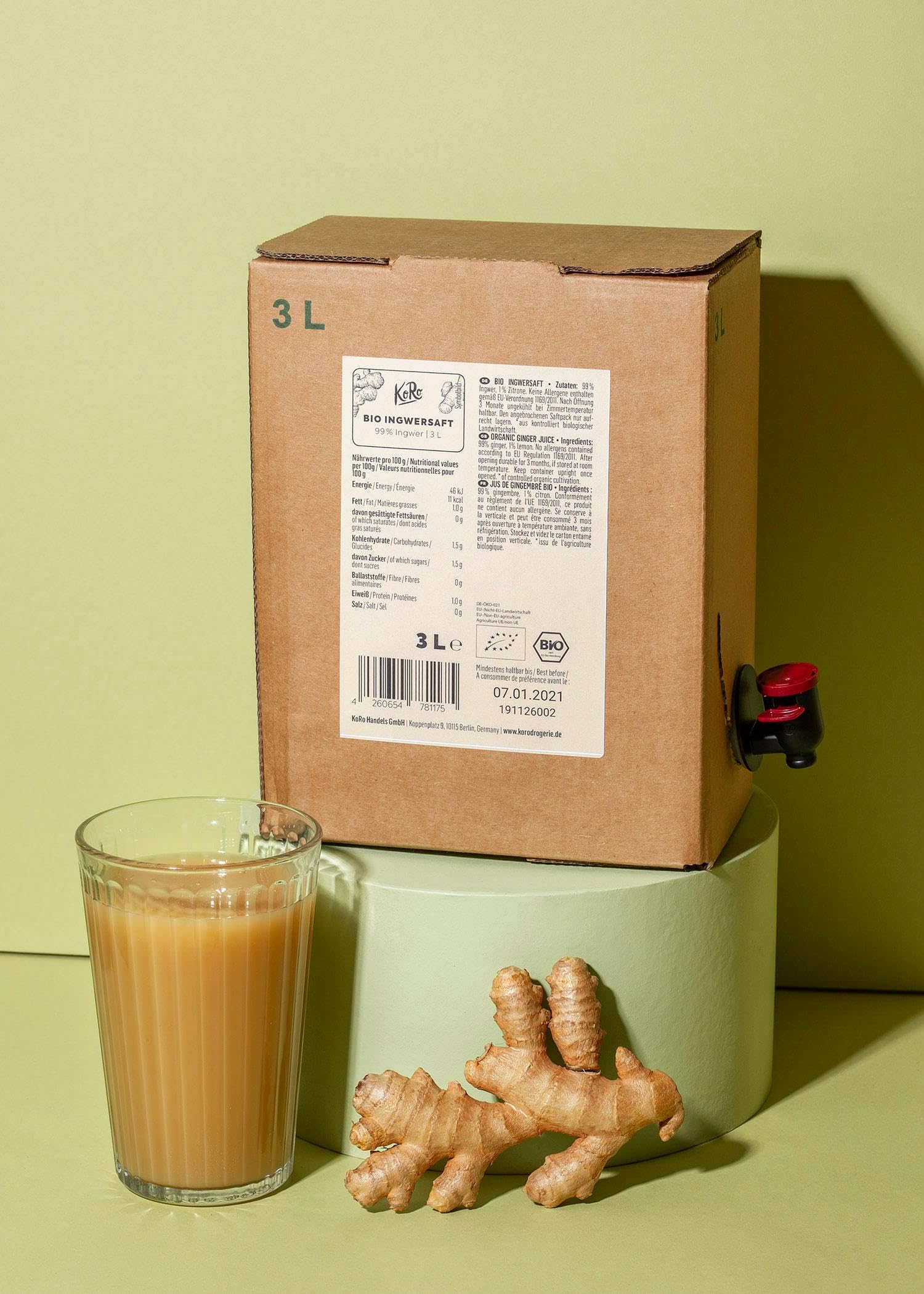 KoRo - Pur Jus de Gingembre Bio et Organique - Bag-in-Box 3 L, Sans Sucre Ajouté, Sans Colorant ni Conservateur, Riche en vitamine C