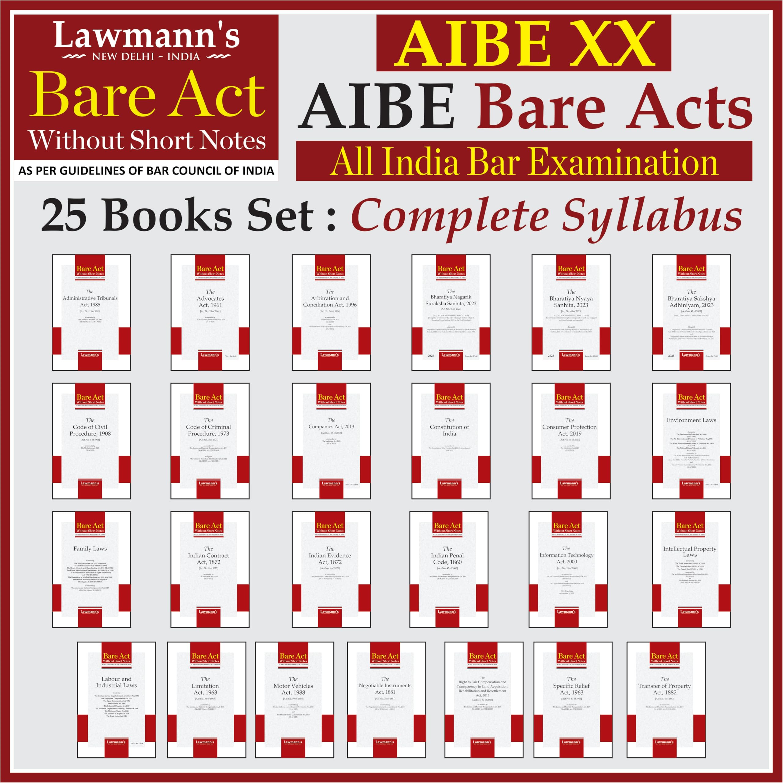 AIBE Bare Acts without Notes | 25 Books Set Combo | Full Syllabus with 50+ Acts including New Criminal Laws BNSS, BNS, BSA | As per Bar Council of India Guidelines | Edition 2026 Paperback – 30 September 2023