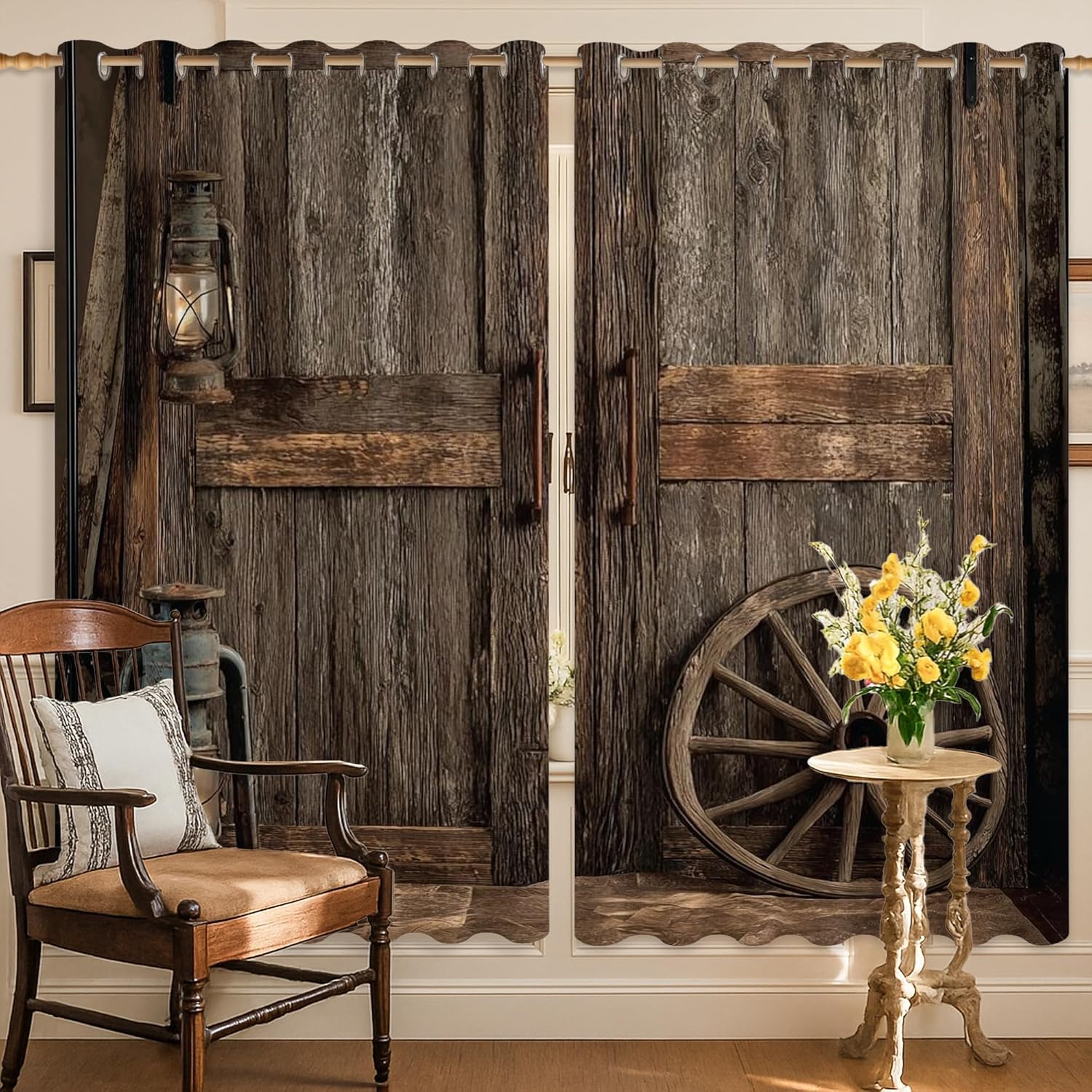 Wood Blackout Curtains, Rustic Farmhouse Lantern Wagon Wheel Fall Brown Thermal Insulated Privacy Curtains for Office Window Decor 52x72 Inch