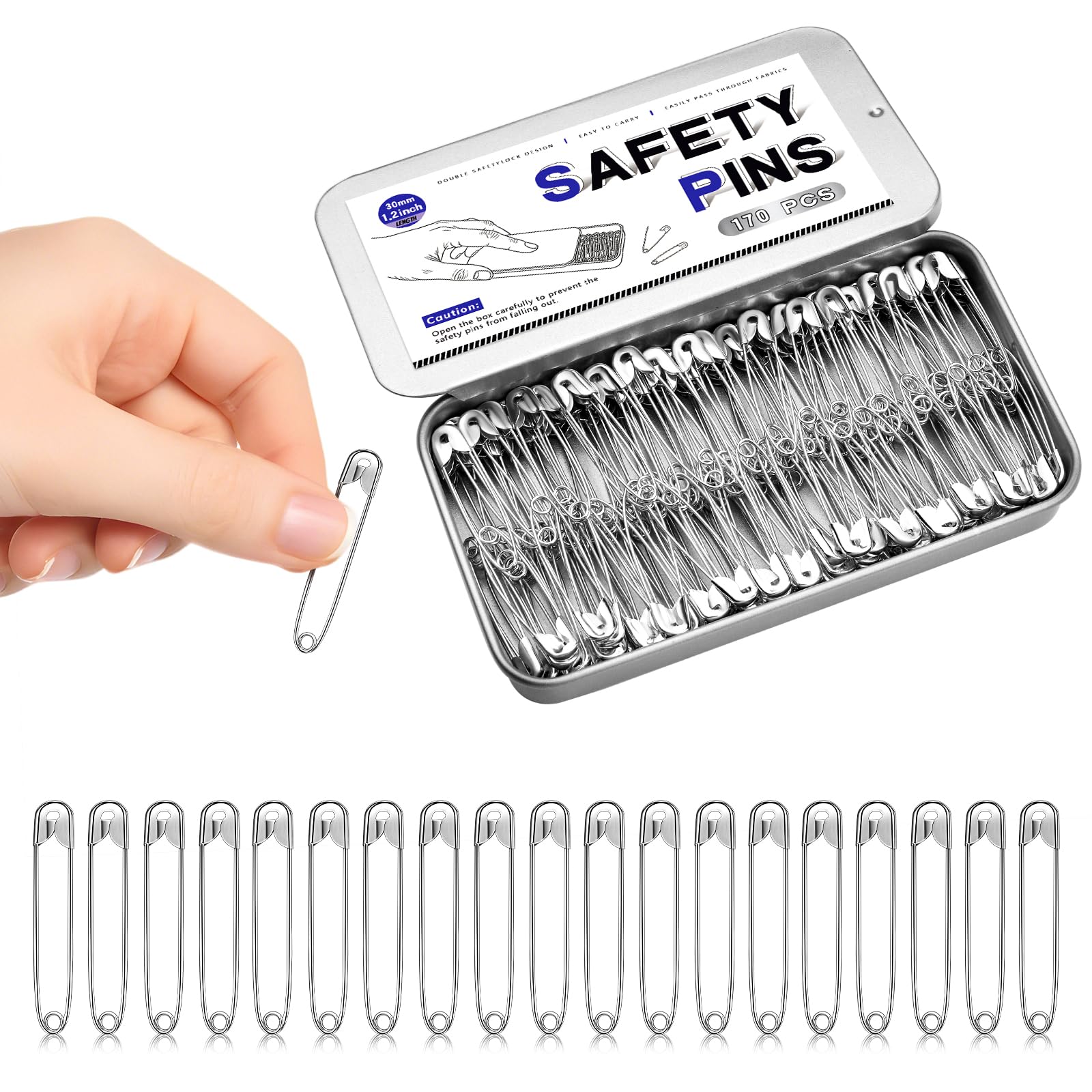 170 Pcs Safety Pins 30mm, Small Safety Pins for Clothes with Metal Storage Tin, Mini Metal Pins for Clothes, Sewing, Crafts, Quilting, DIY Projects, Repairs and Household Use