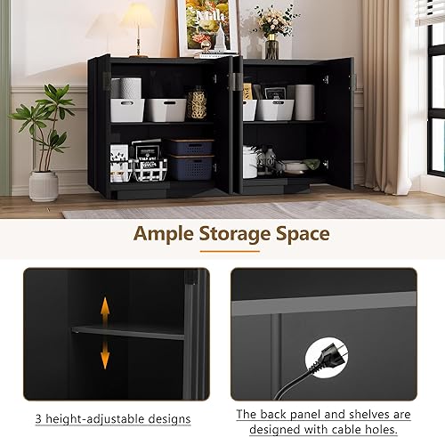 Miniatura 6 de Aparador de almacenamiento amplio de 60 pulgadas con 4 puertas onduladas con estantes ajustables, mesa consola de madera de acacia retro con asas de