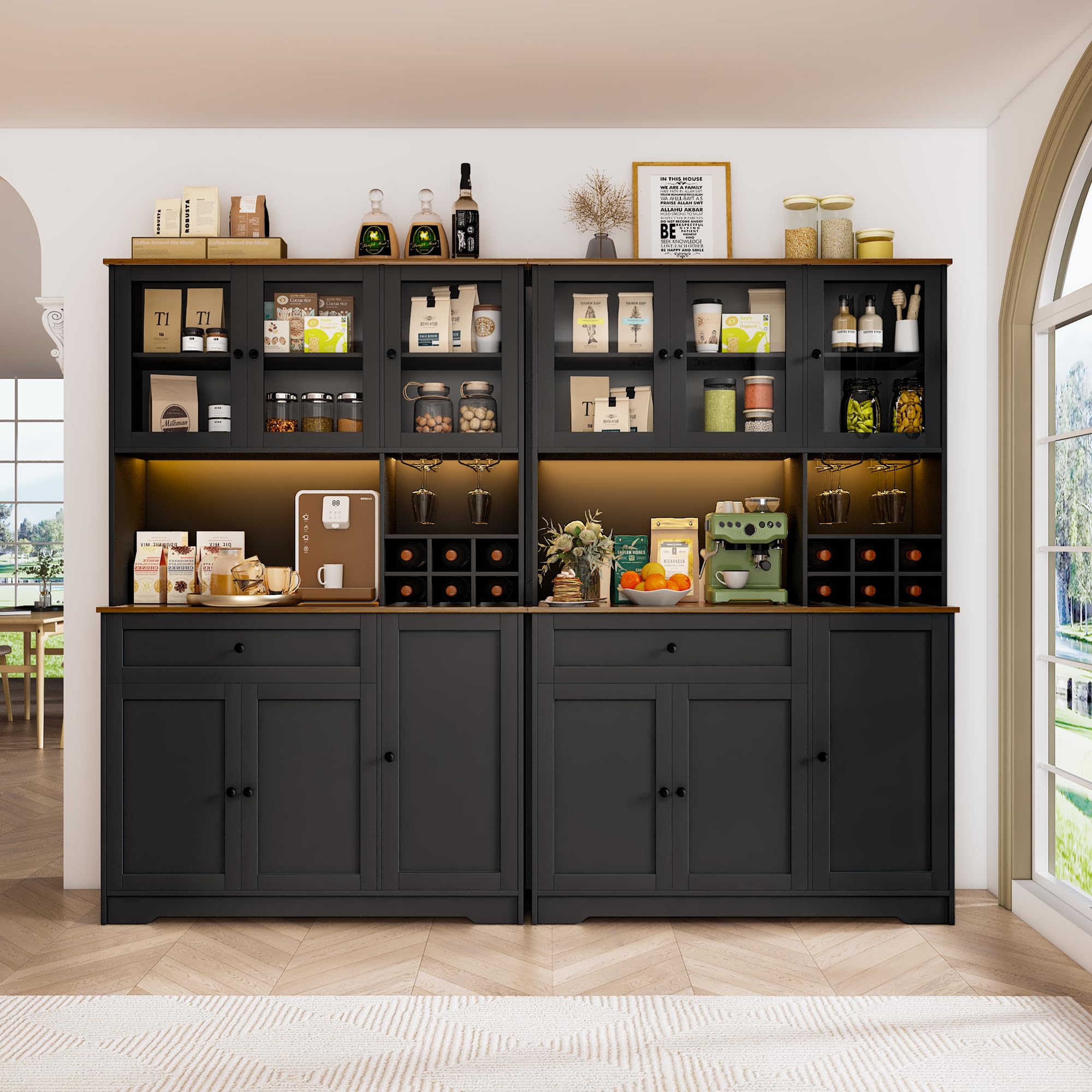 Küchenschrank Buffetschrank, Küchenschränke mit 6-Fach Weinregal, Sideboard mit LED-Licht, Steckdose, Verstellbare Böden, Anti-Kipp, Küchenbuffet für Küche, Esszimmer, Wohnzimmer (Schwarz)