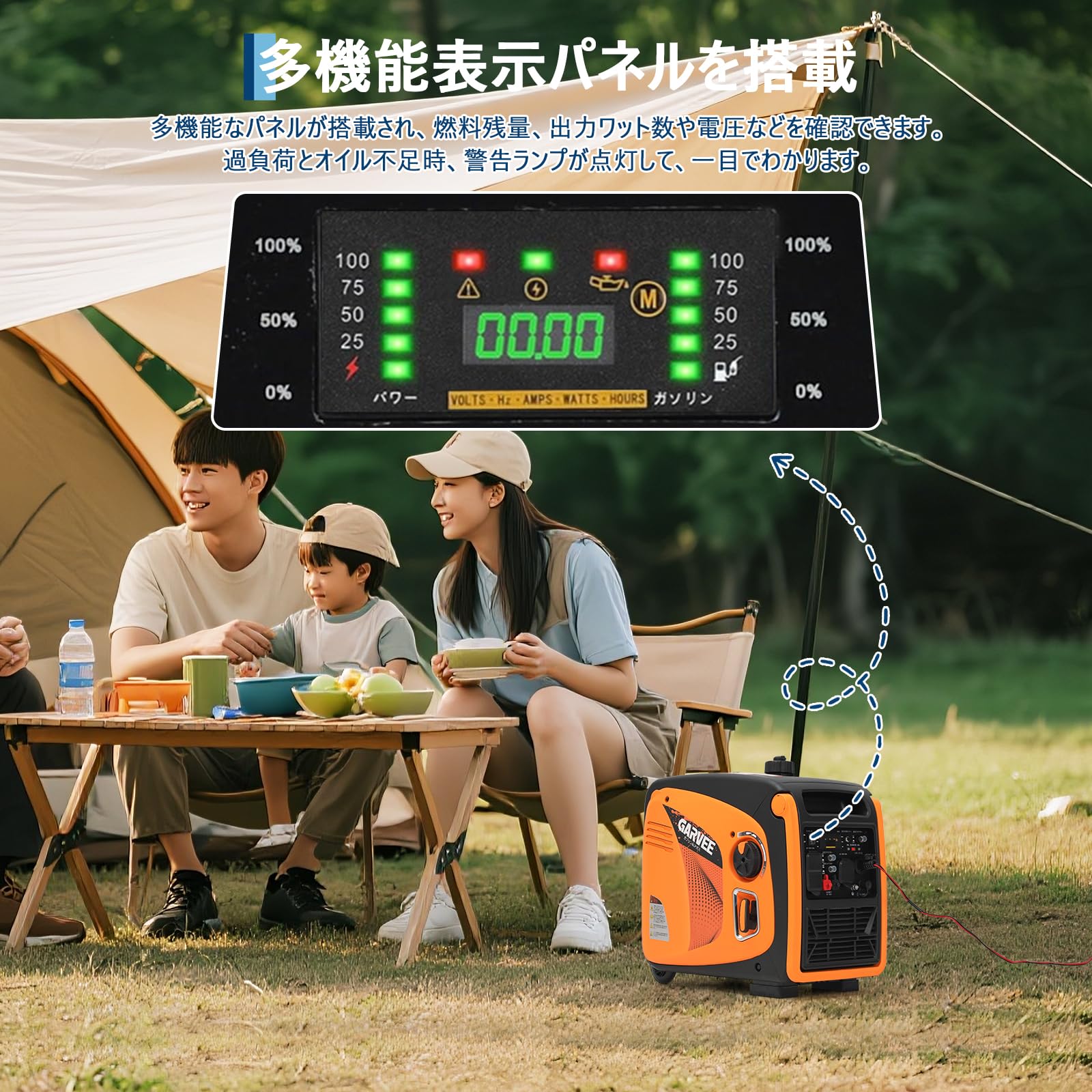 インバーター発電機 定格出力3.8/3.6kVA 最大出力3800W LPガス.ガソリン両用 静音型 ハイブリッド発電機 | 正弦波 10L燃料タンク… — 商品詳細画像 4