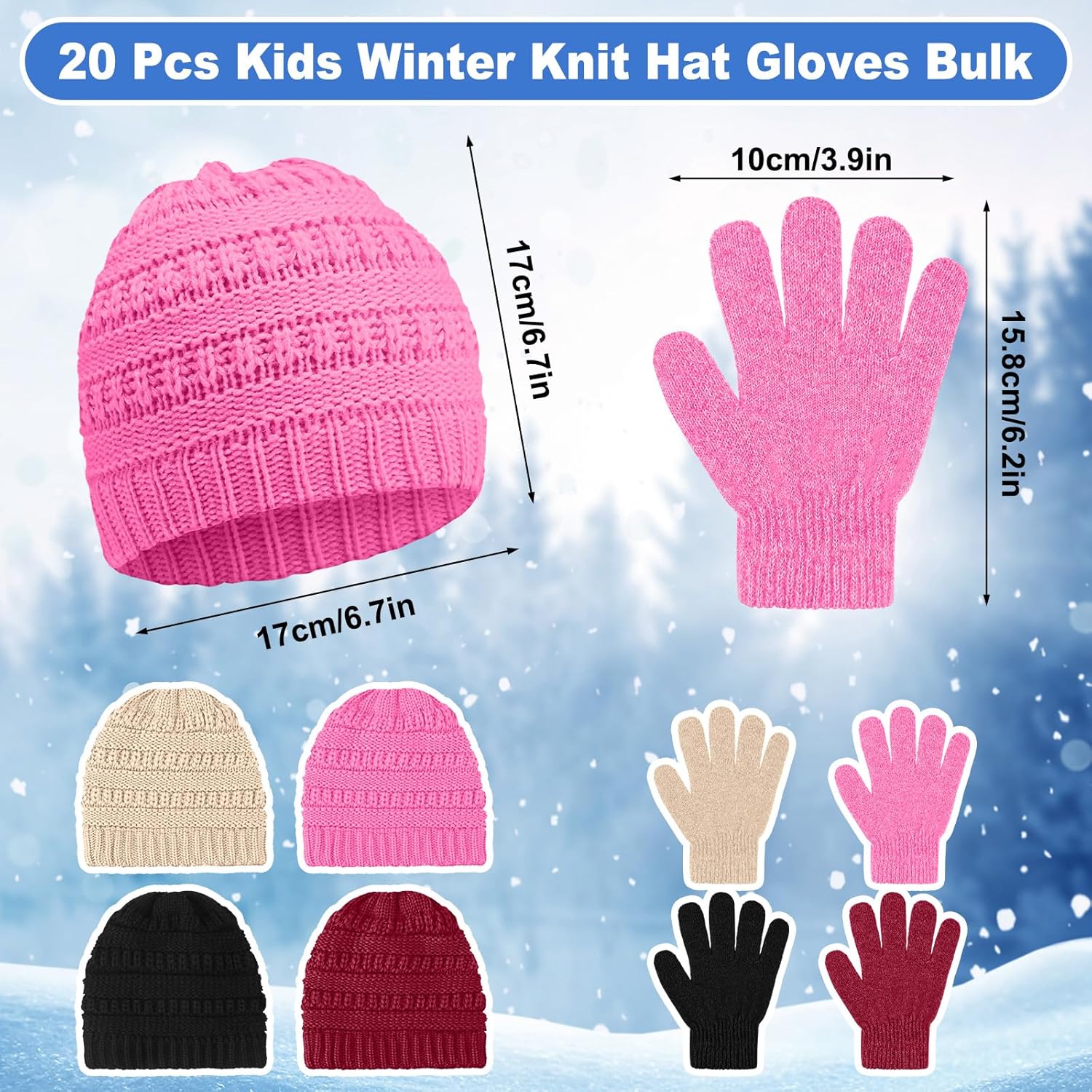 Suhine Kids Winter Knit Hat Gloves Bulk for 5-12 Years Winter Warm Gloves Beanie Hat Stretchy for Boys Girls - Image 2